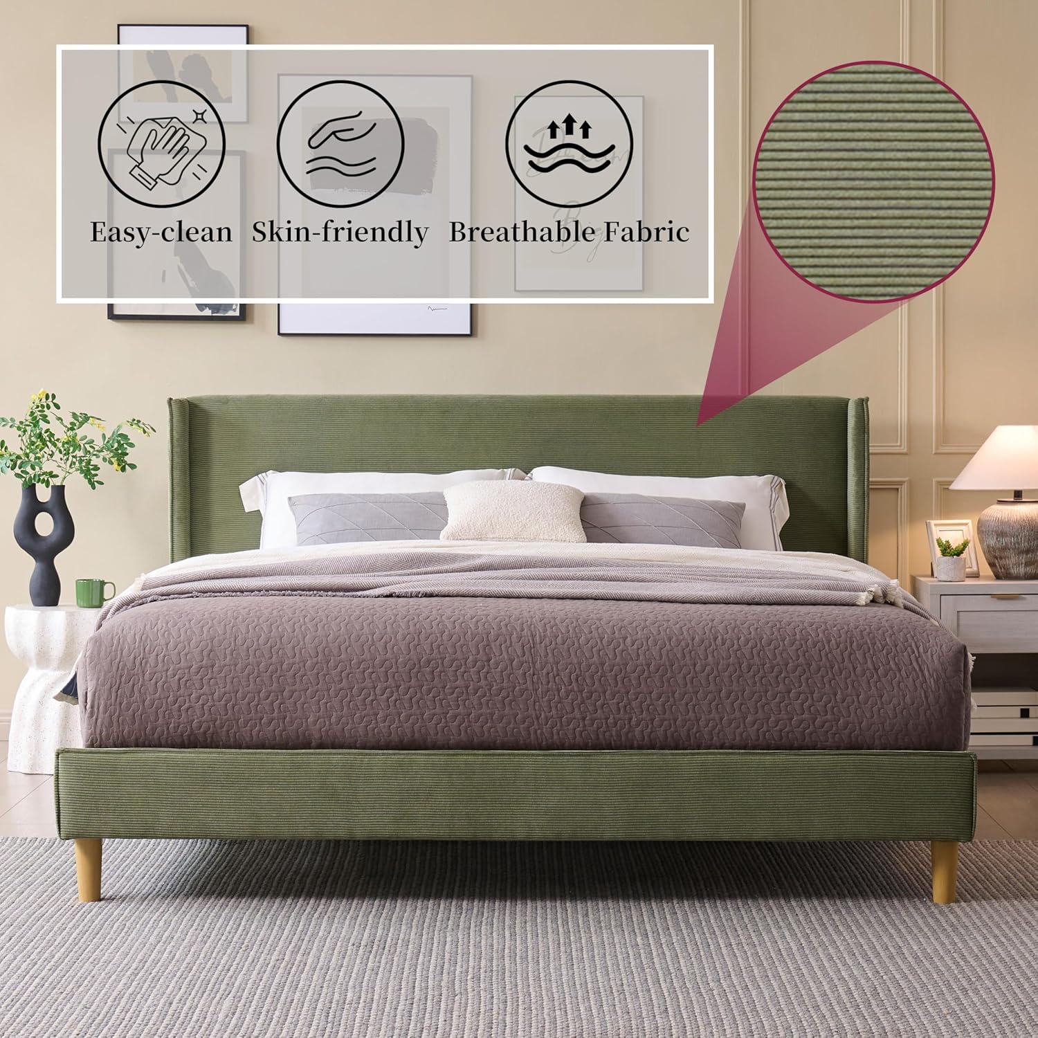 King Size Upholstered Platform Bed Frame with Modern Wingback Headboard, Corduroy Bed Frame with Underneath Storage, Wooden SLats Support, No Box Spring Needed, Easy Assenmbly, Turtle