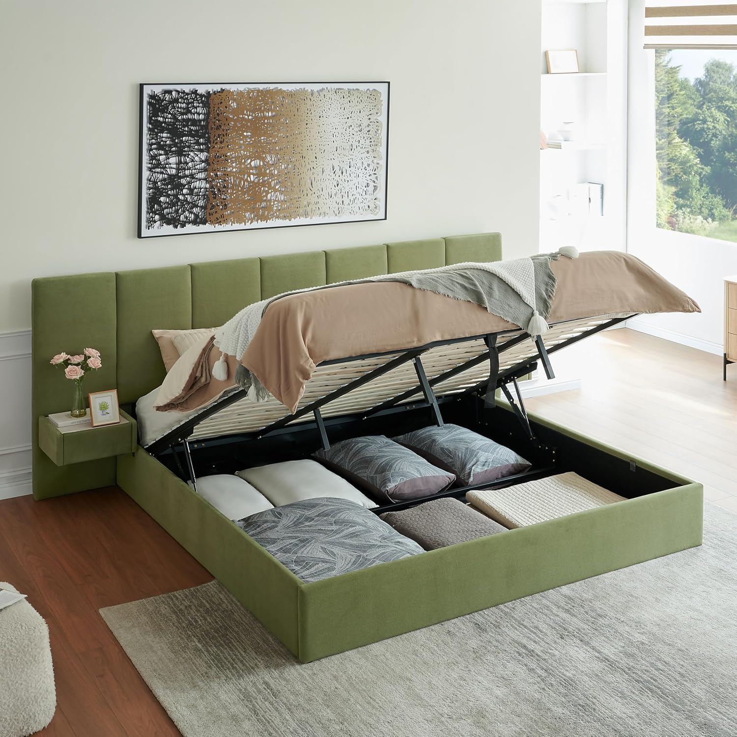 Queen Size Upholstered Platform Bed Frame with Lift-Up Storage, Velvet Headboard & Built-in Nightstands, No Box Spring Needed, Beige