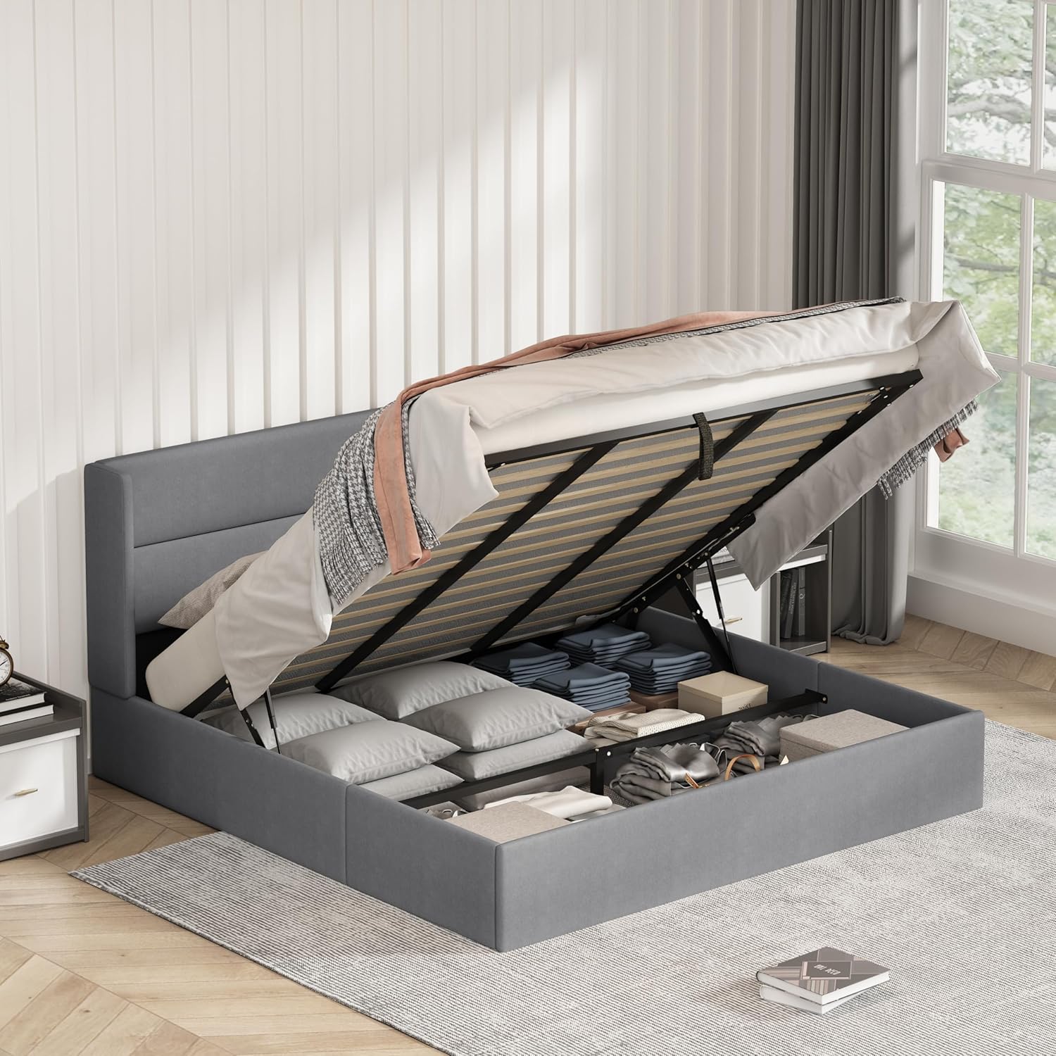 King Size Bed Frame with Storage, Upholstered Platform with Hydraulic, Flannel Fabric Wingback Headboard, Noiseless Wooden Slat Support, No Box Spring Needed, Misty Blue