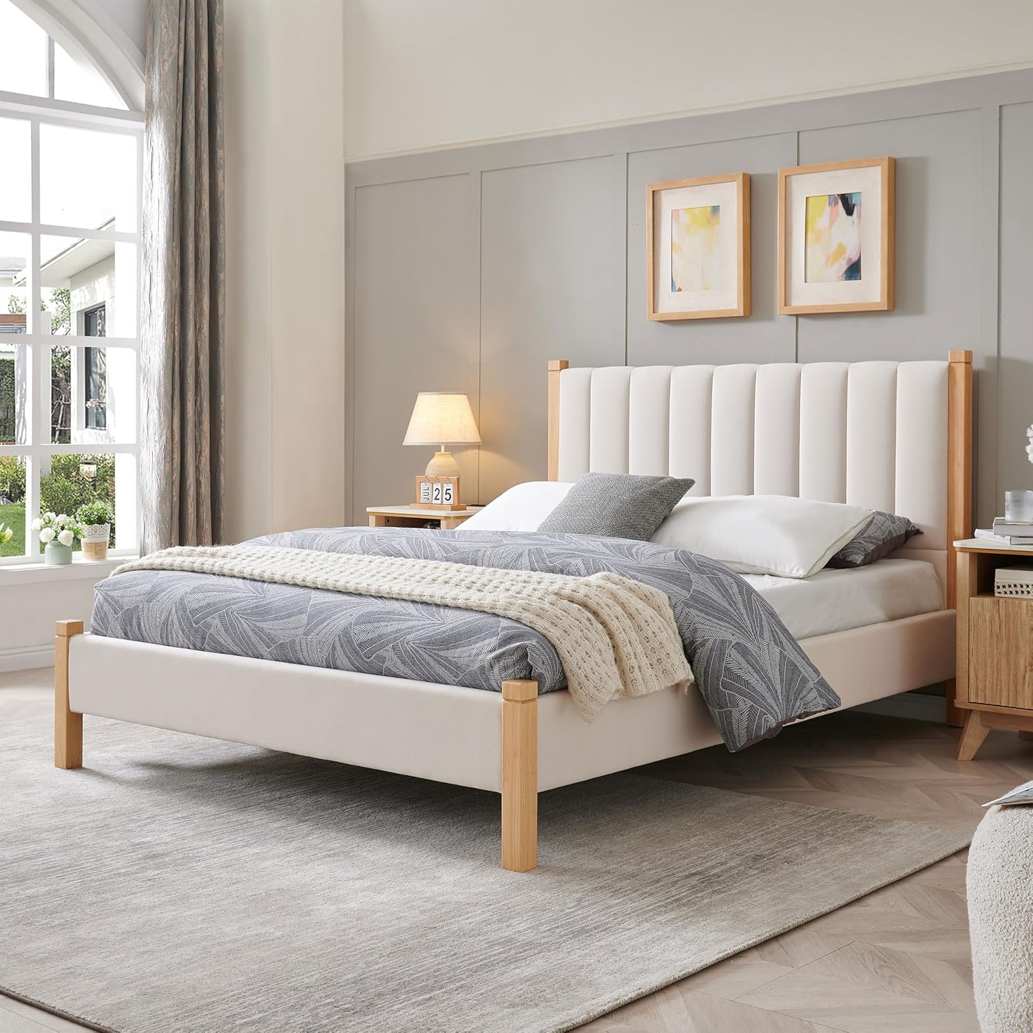 Queen Size Upholstered Bed Frame, Piano Key-Inspired Headboard, Linen Fabric, 4 Solid Wood Legs, Sturdy Metal & Wood Slats Construction, No Box Spring Needed, Easy Assembly, Light Blue