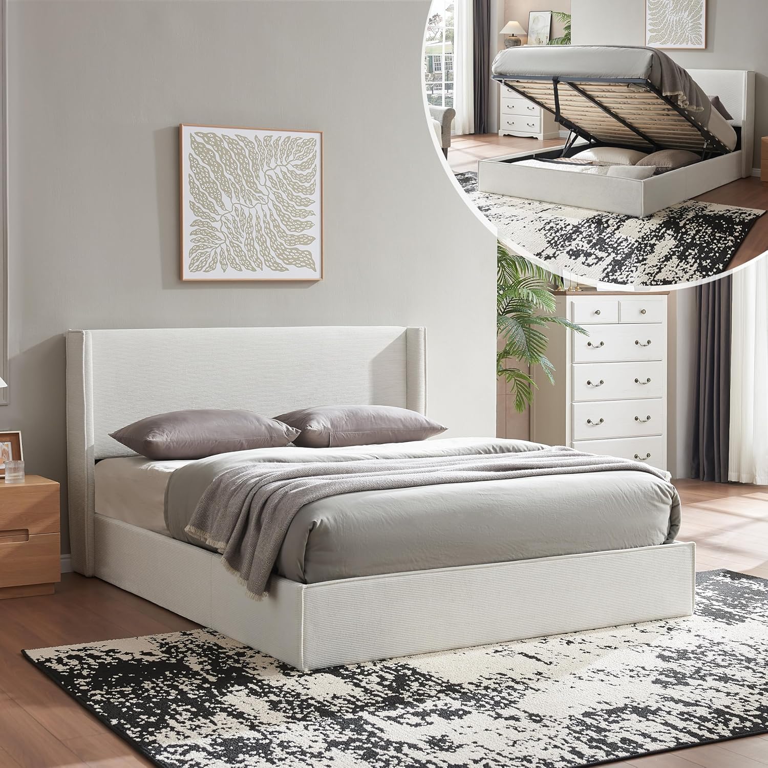 King Size Upholostered Bed Frame with Gas Lift Storage, Modern Wingback Headboard, Hydraulic Support, Corduroy Fabric, Sturdy, No Box Spring Needed, Easy Assembly, Cream