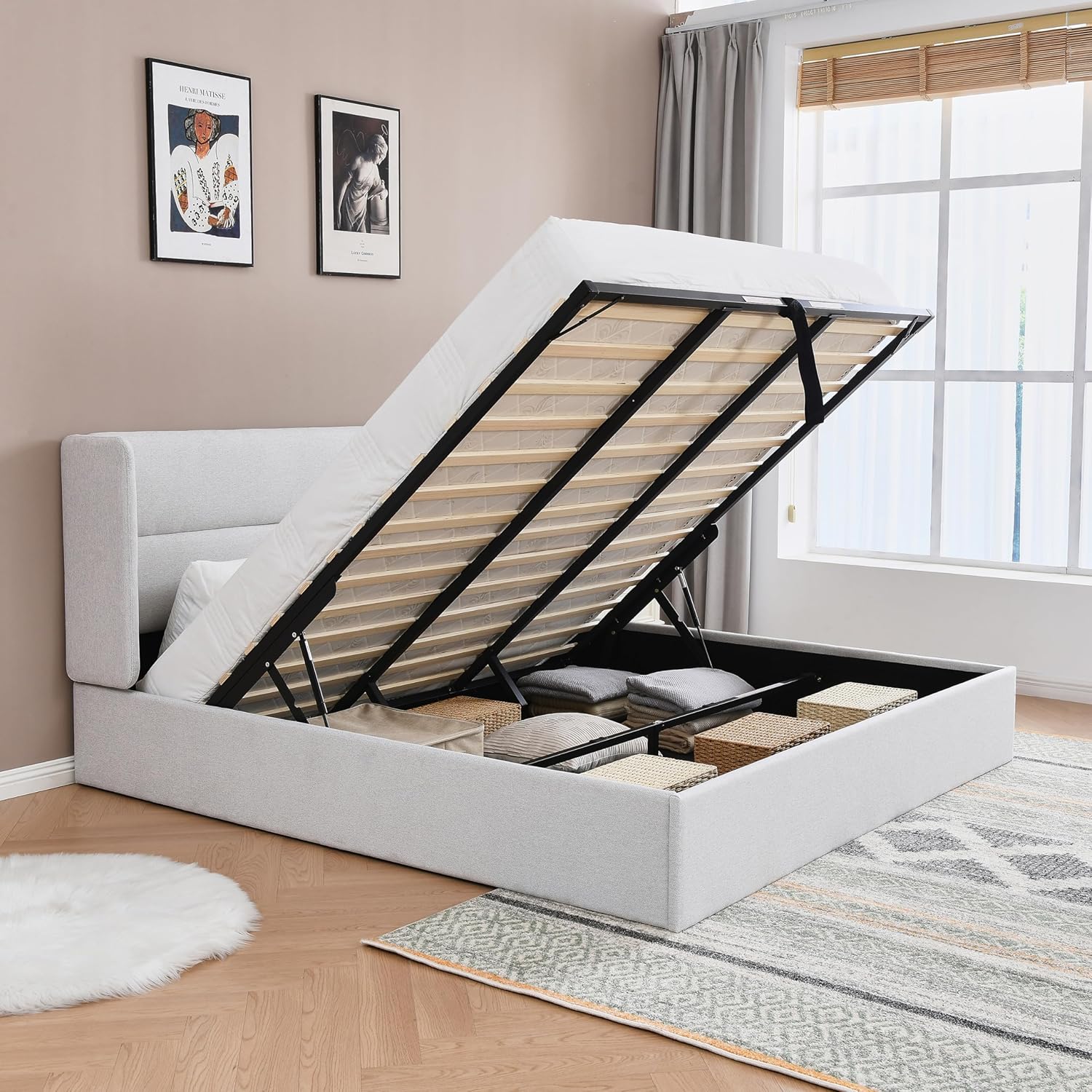 King Size Bed Frame with Storage, Upholstered Platform with Hydraulic, Flannel Fabric Wingback Headboard, Noiseless Wooden Slat Support, No Box Spring Needed, Misty Blue