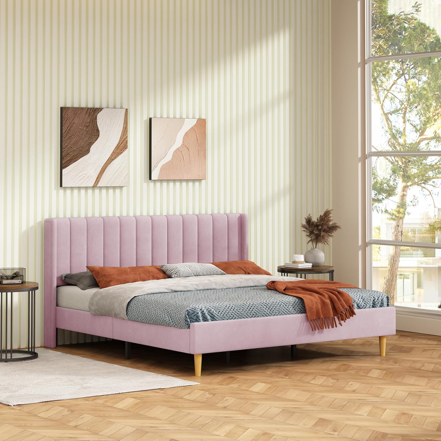 Twin Size Bed Frame, Velvet Upholstered Platform Bed with Vertical Channel Tufted Wingback Headboard, Wooden Slats Support, No Box Spring Needed, Noise-Free, Easy Assembly, Pink