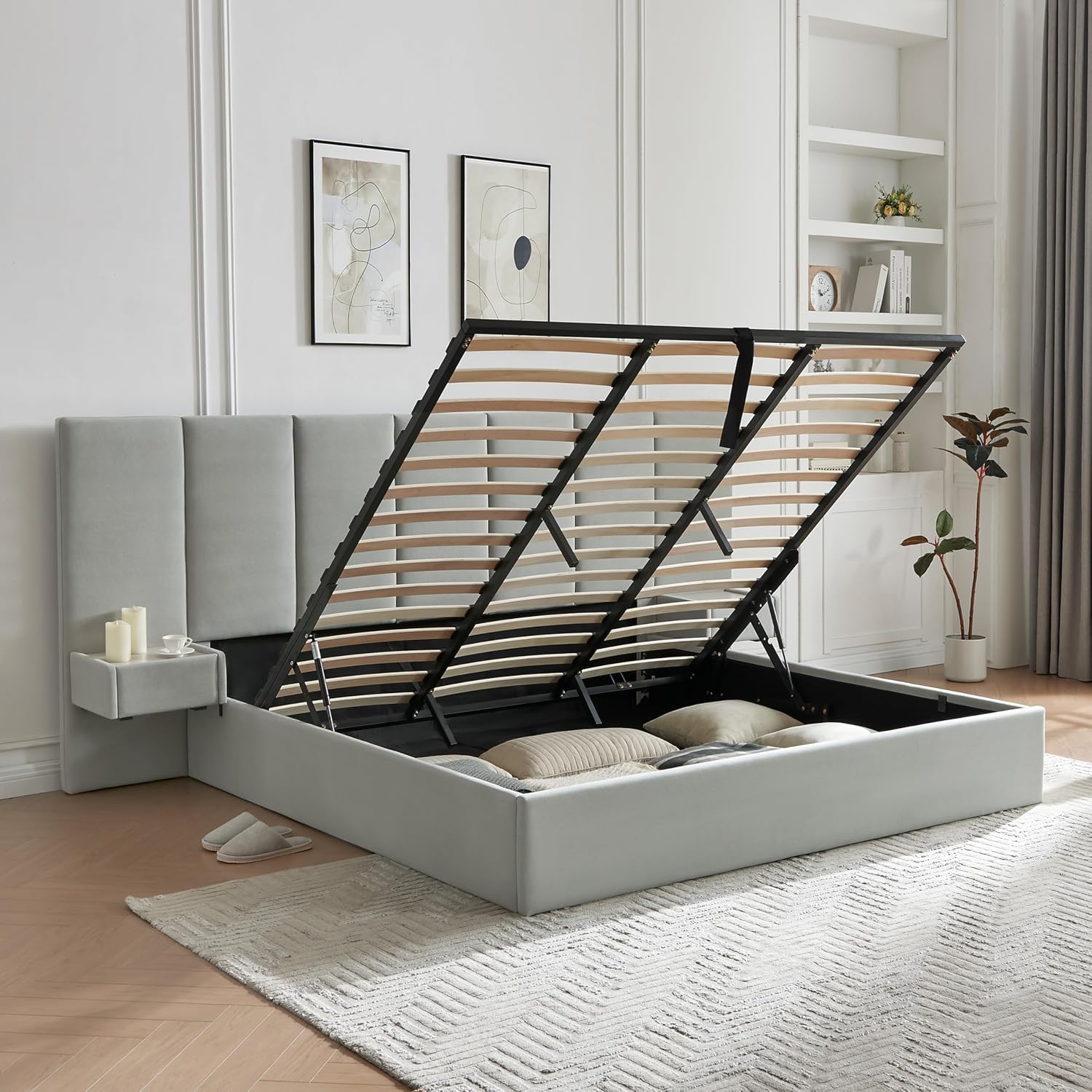 Upholstered Lift Storage Queen Size Bed Frame with Velvet Headboard, 2 Drawers & 9.6" Under-Bed Storage, No Box Spring Needed, Ergonomic Design for Ultimate Comfort, Beige