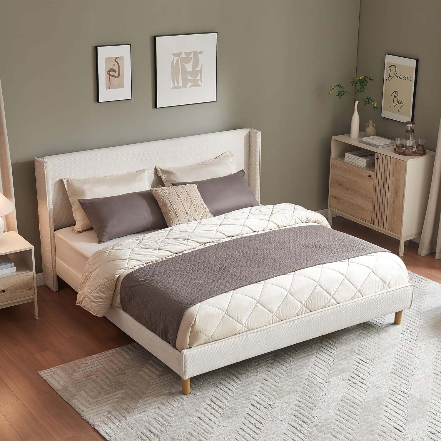 Queen Bed Frame with 42.5" High Wingback Headboard, Tall Upholstered Bed, Wooden Slats Support, Corduroy Upholstered, Noise Free, No Box Spring Needed, Easy Assembly, Turtle