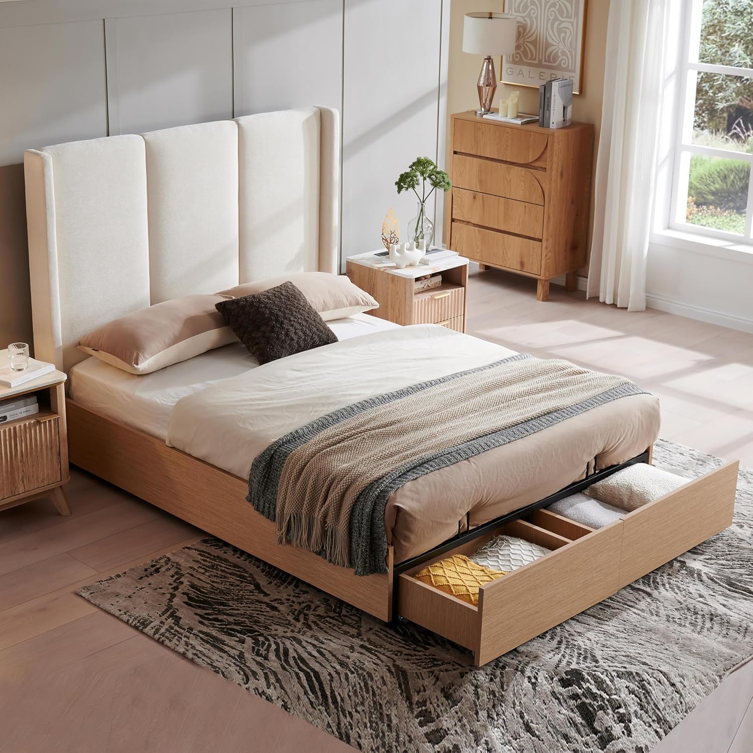 Queen Size Upholstered Bed Frame, Extra High Wingback Headboard and 2 Footboard Storage Drawers, Linen Fabric, Light Oak Wood-Finish Base, No Box Spring Needed, Easy Assembly, Light Gray