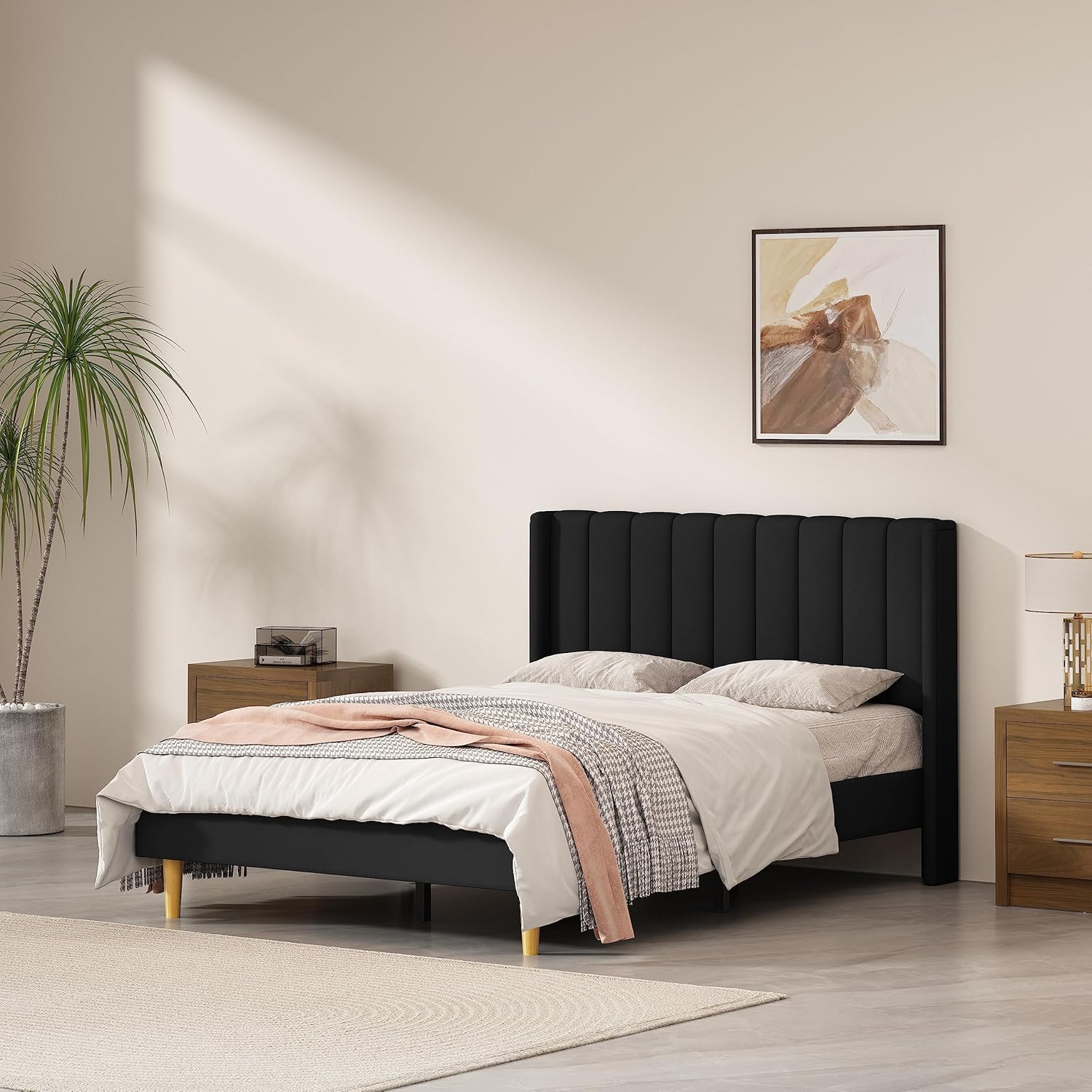 Queen Size Upholstered Platform Bed Frame with Headboard and Legsboard, Wooden Slats, Velvet Fabric, 5.9" Wood Bed Legs, No Box Spring Needed, Easy Assembly, Cream