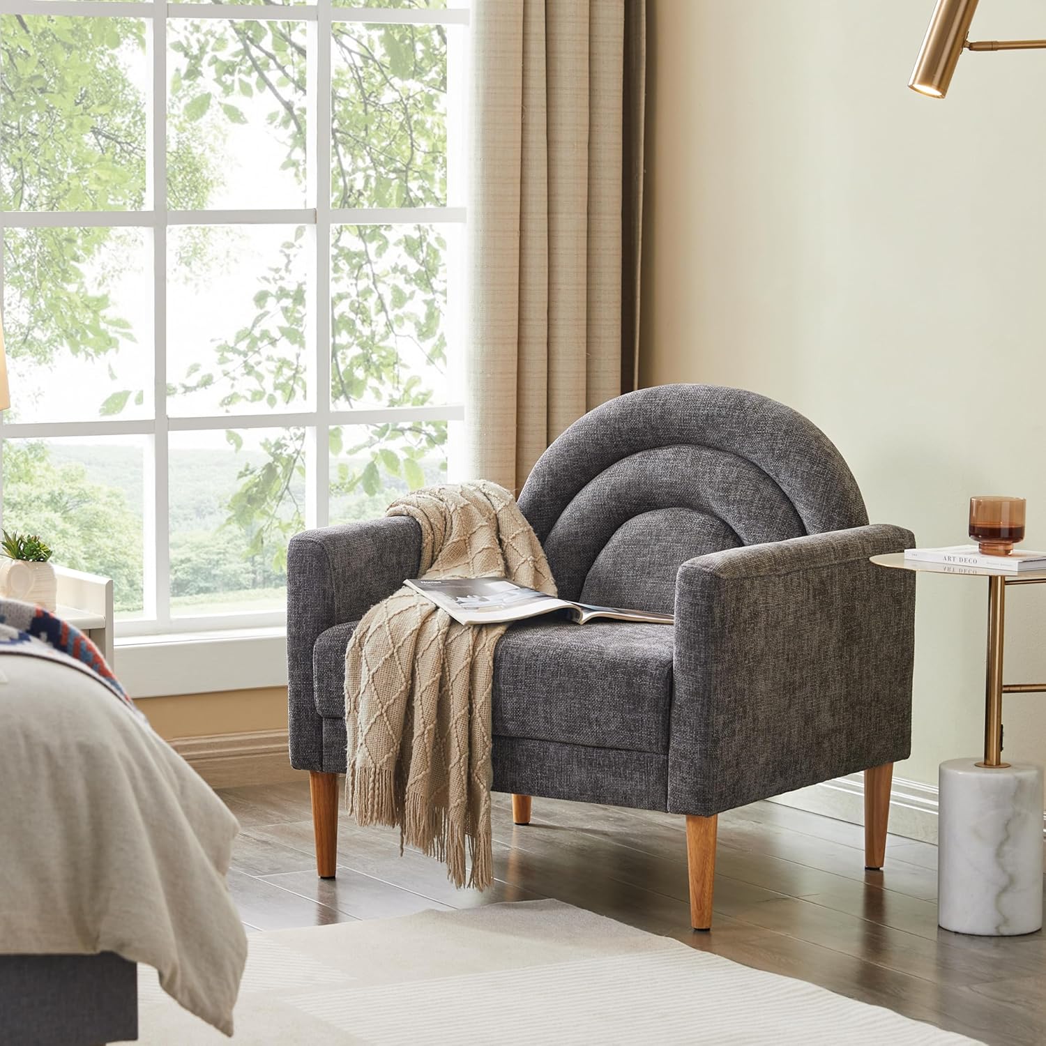 Accent Chair Reading Chair with Armrest, Small Comfy Chair for Small Spaces, Modern Linen Upholstered Armchair for Bedroom & Living Room, Single Sofa Chair with Wood Legs, Easy Assembly (Cream)