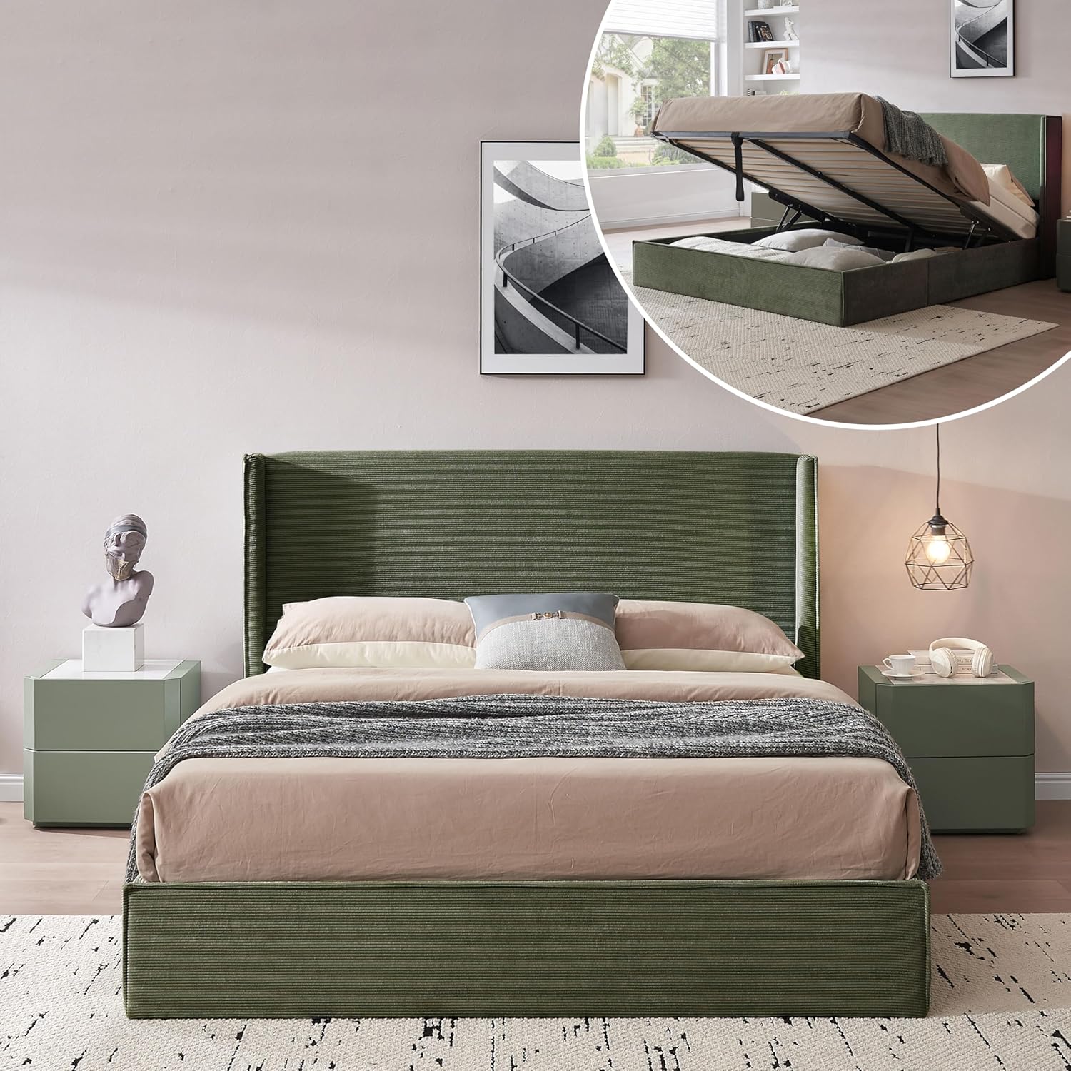 King Size Upholstered Platform Bed Frame with Modern Wingback Headboard, Corduroy Bed Frame with Underneath Storage, Wooden SLats Support, No Box Spring Needed, Easy Assenmbly, Turtle