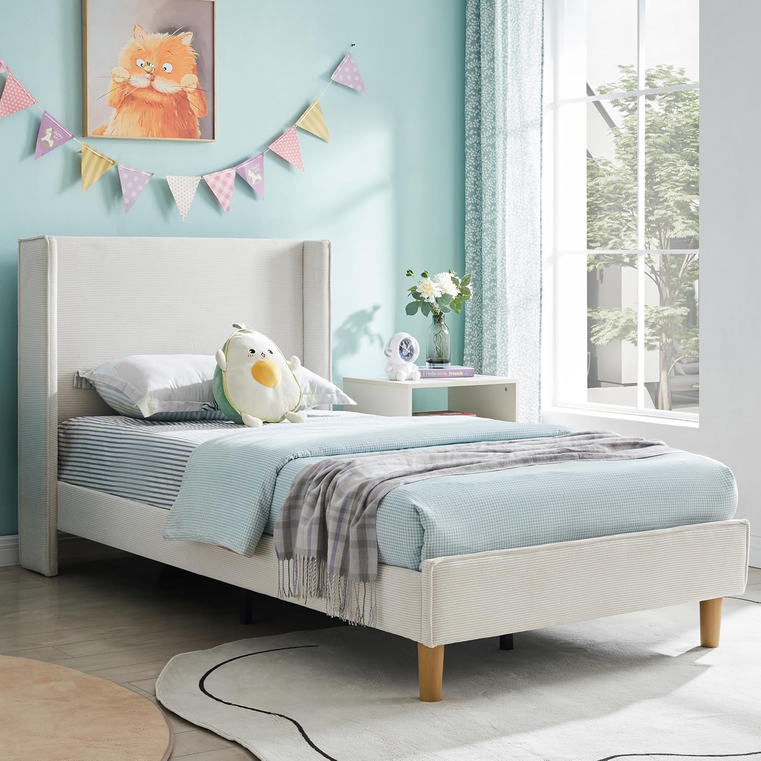 King Size Upholstered Platform Bed Frame with Modern Wingback Headboard, Corduroy Bed Frame with Underneath Storage, Wooden SLats Support, No Box Spring Needed, Easy Assenmbly, Turtle