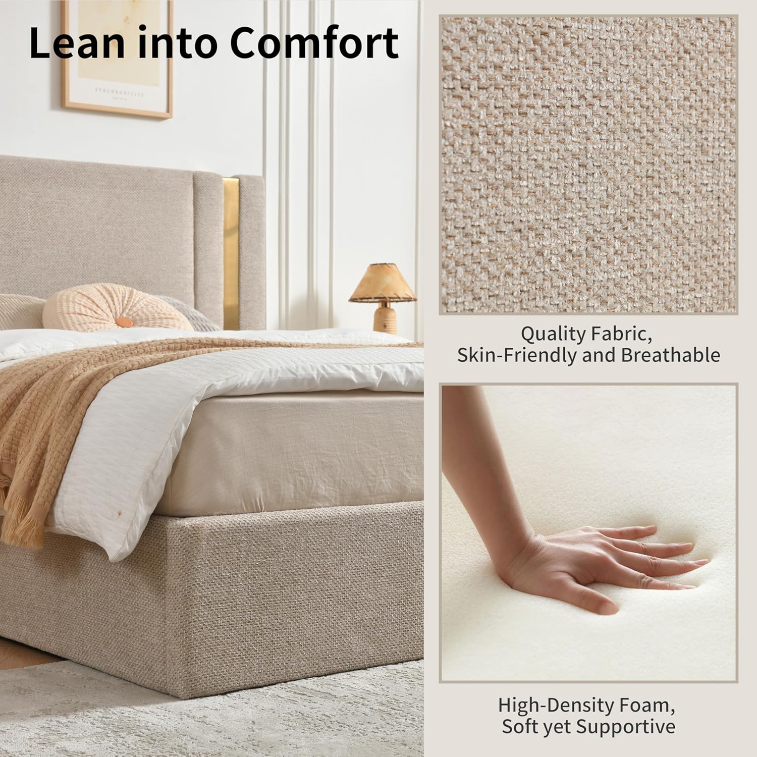 Queen Size Lift Up Storage Bed, Upholstered Platform Bed Frame with Linen Fabric, Solid-Platform Bed with Wide Headboard, Hydraulic Storage, No Box Spring Needed, Eay Assembly, Mink