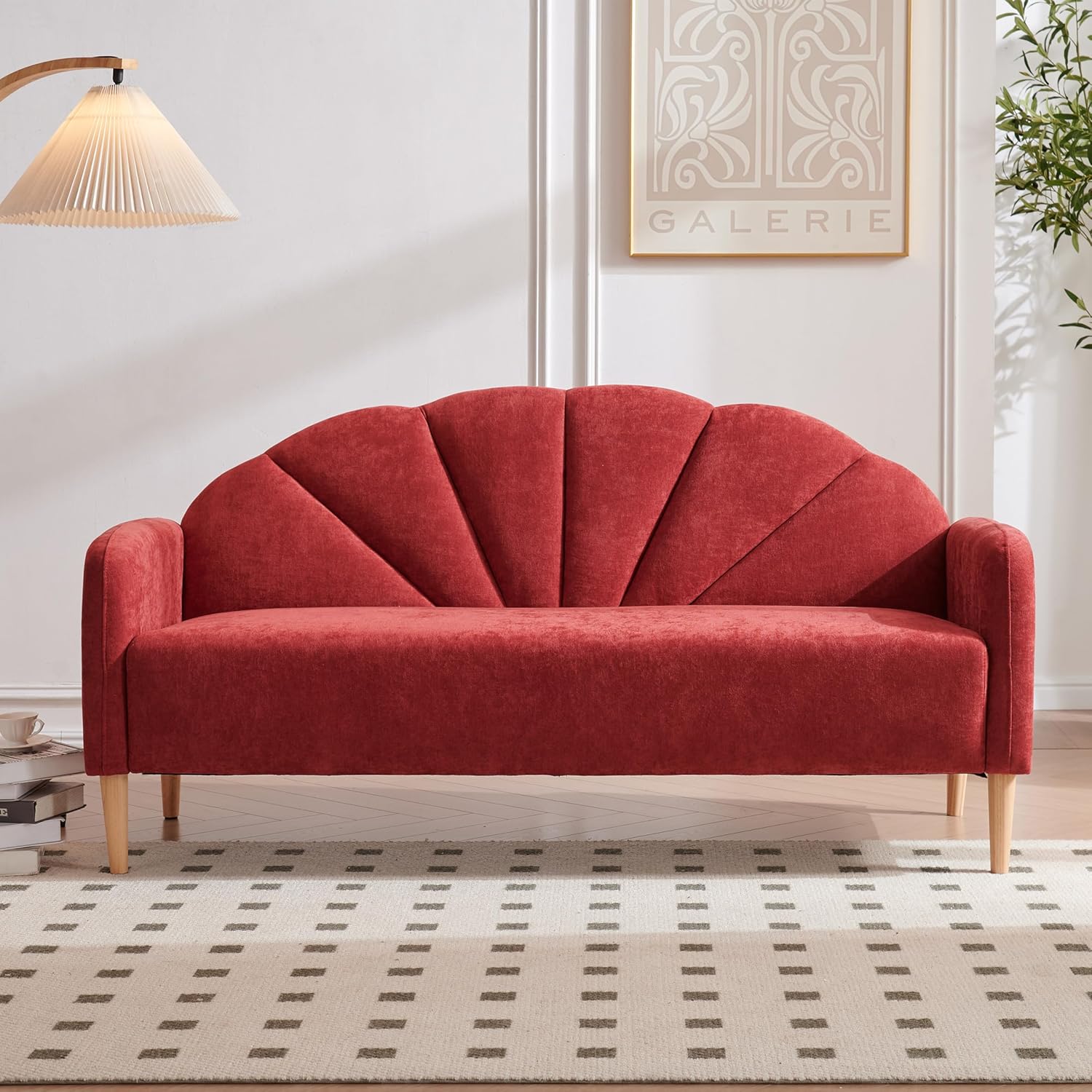 64.37" Modern loveseat Sofa, Linen Fabric Upholstered with Curved Back and Wood Legs, 3-Seater Sofa Couch for Living Room, Small Couch for Small Spaces, Easy Assemlby, Wine Red