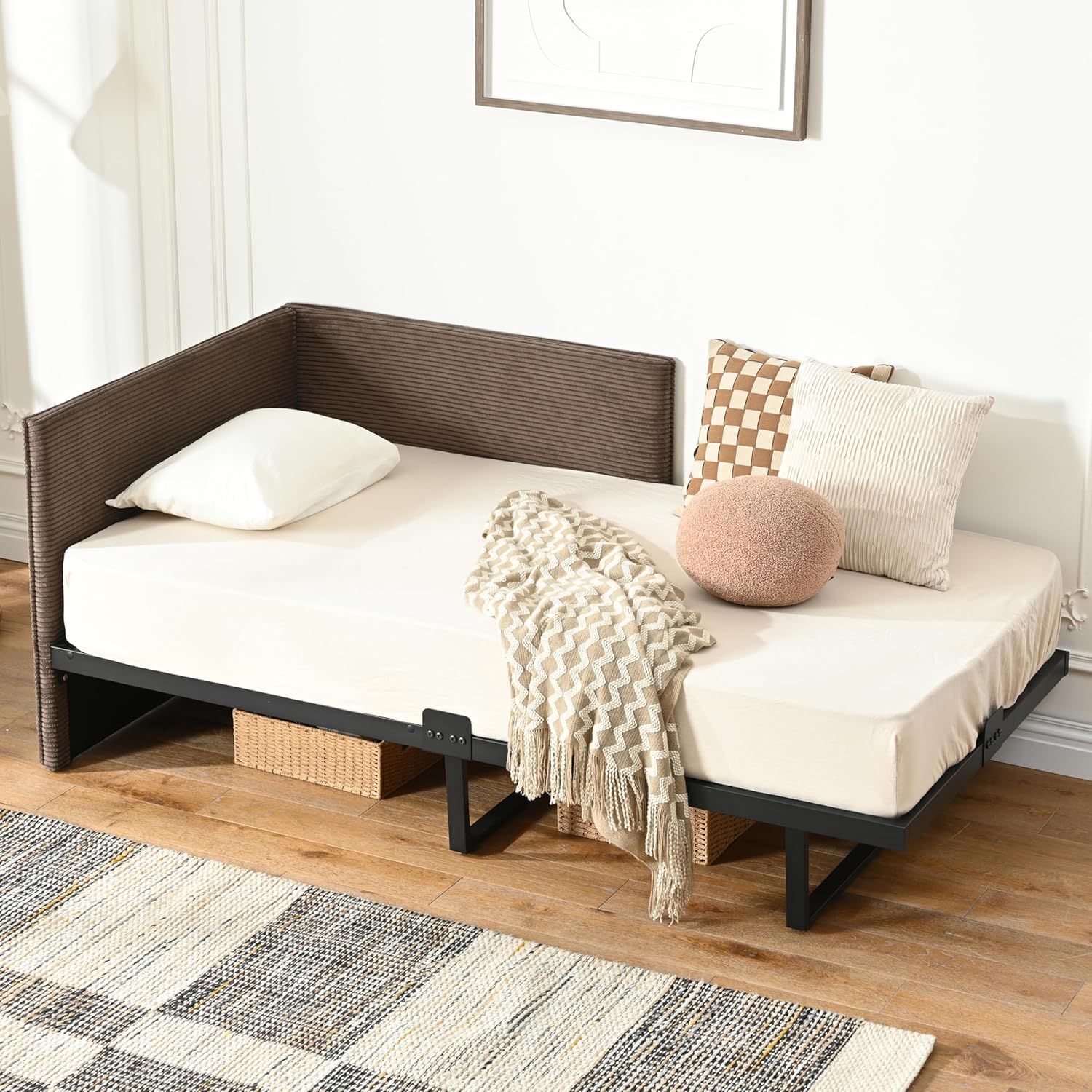 Twin Size Upholstered Daybed Frame, Corduroy Corner Sofa Bed, Guest Bed with Versatile Side Placement, Wood Slat Support, Kids & Teens Rooms, No Box Spring Needed, Easy Assembly, Cream