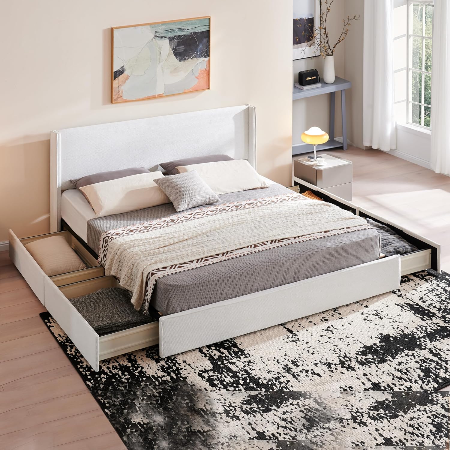 King Size Platform Bed Frame with 4 Storage Drawers, Upholstered Headboard, Wooden Slats Support, Fully Upholstered Mattress Foundation, No Box Spring Needed, Easy Assembly, Black