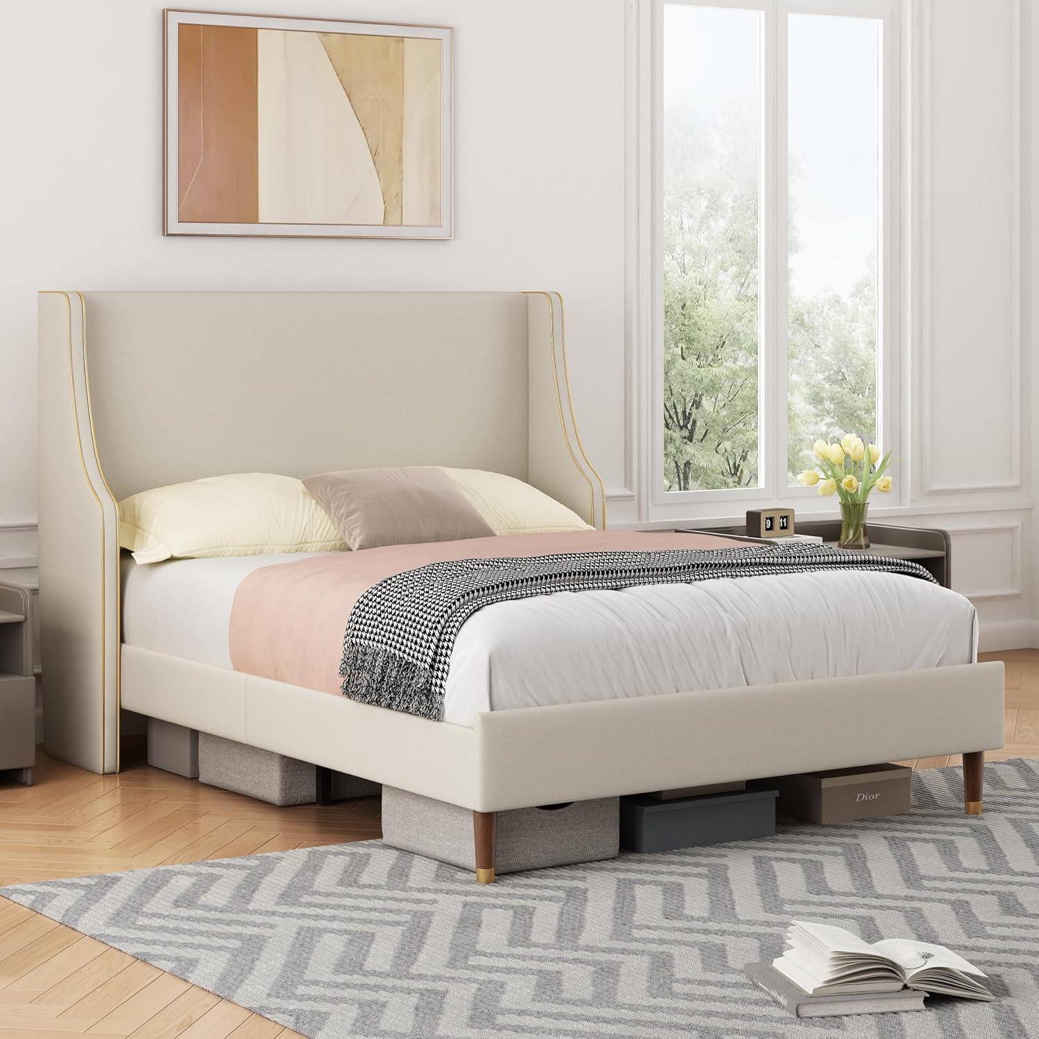 Queen Size Upholstered Platform Bed Frame, 15.16" Gold Edge Wingback Headboard, Linen Fabric & Wooden Slats, No Box Spring Needed, Easy Assembly, Beige