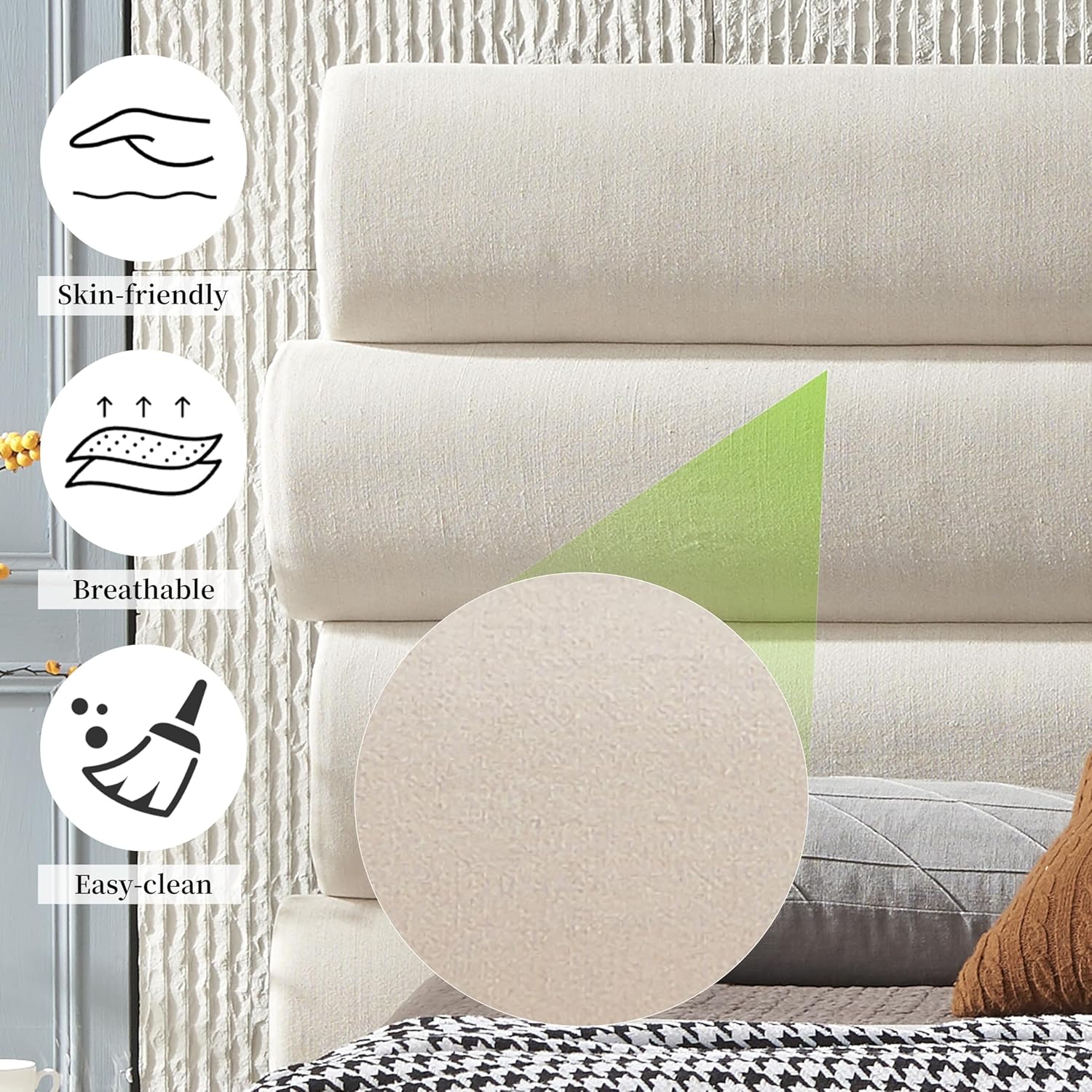 Queen Upholstered Bed Frame with 5 Tall Headboards Wingback Platform Bed Tufted Linen, No Box Spring Needed, Easy Assembly, Beige