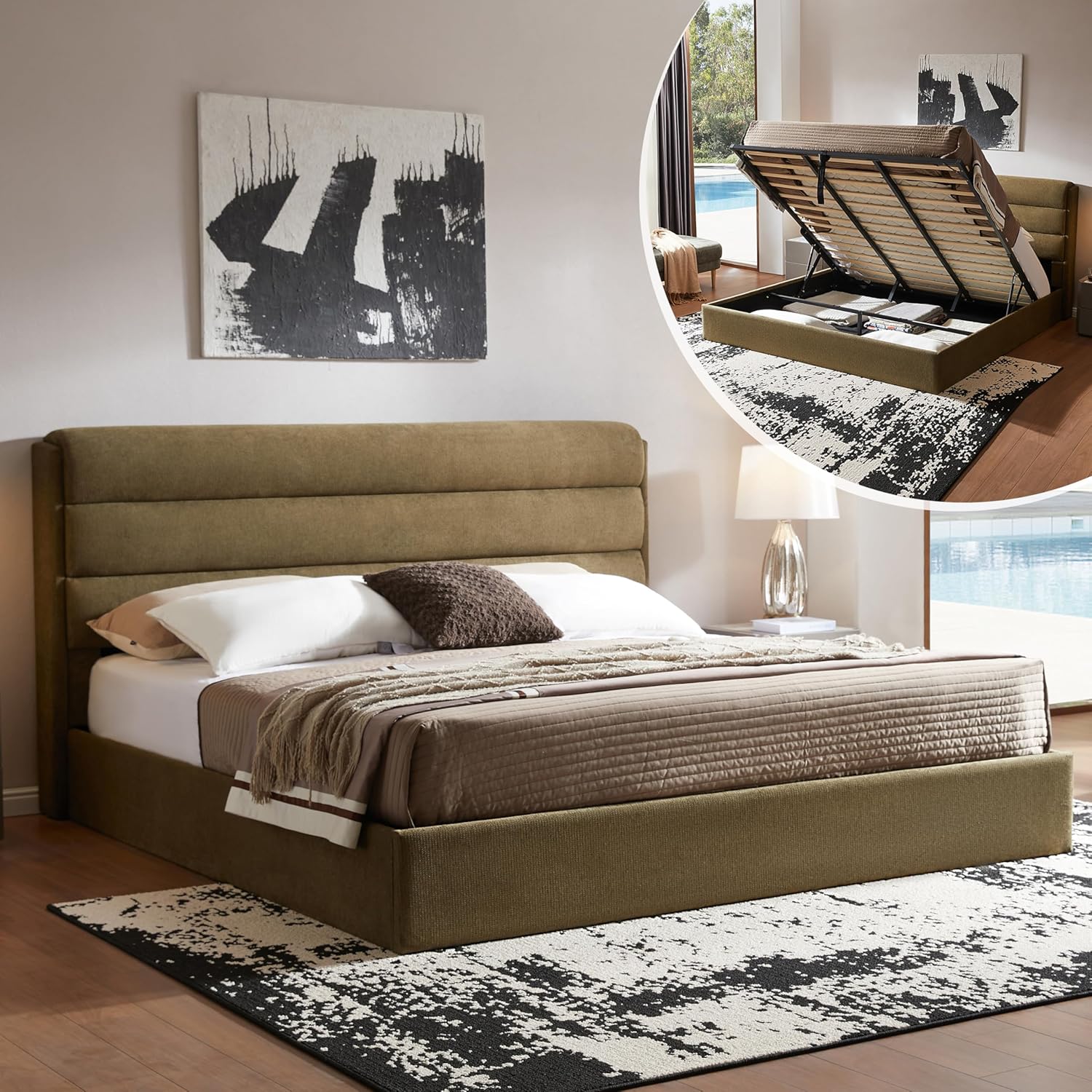 Lift Up Storage Bed Queen Size, Upholstered Platform Bed with Hydraulic System & Wood Slats Support, Queen Bed Frame with 3-Panel Headboard, No Box Spring Needed, Easy Assembly, Ivory