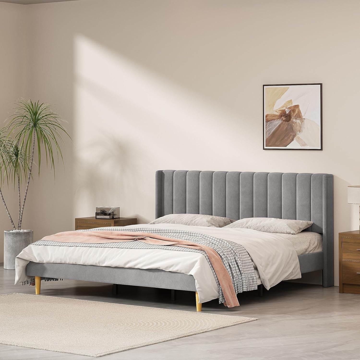 Queen Size Upholstered Platform Bed Frame with Headboard and Legsboard, Wooden Slats, Velvet Fabric, 5.9" Wood Bed Legs, No Box Spring Needed, Easy Assembly, Cream