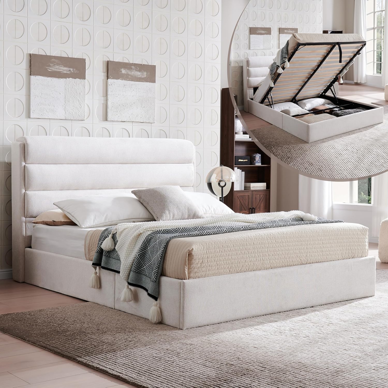 Lift Up Storage Bed Queen Size, Upholstered Platform Bed with Hydraulic System & Wood Slats Support, Queen Bed Frame with 3-Panel Headboard, No Box Spring Needed, Easy Assembly, Ivory