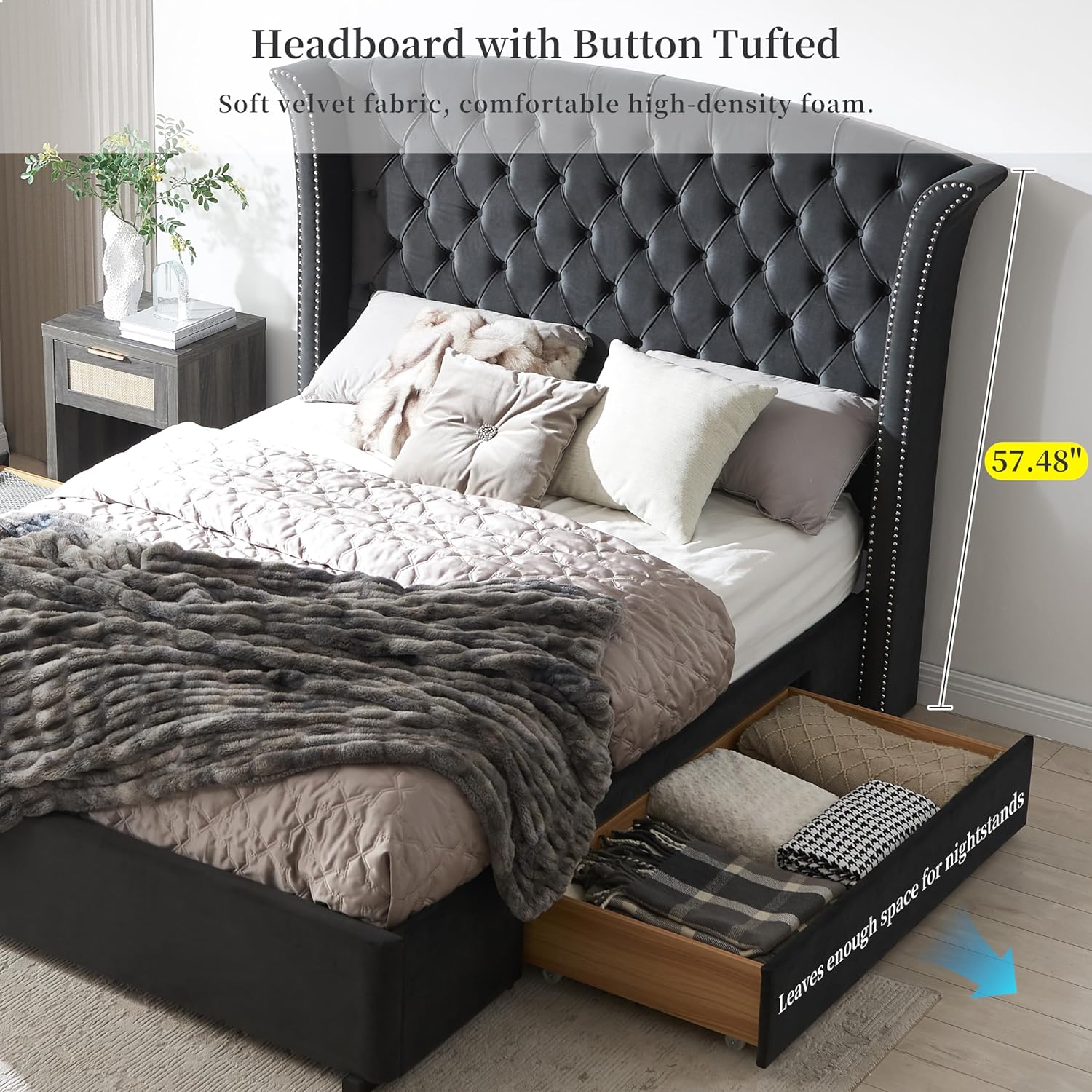 Upholstered Queen Size Bed Frame with 2 Storage Drawers, Button Tufted Wingback Headboard, Heavy Duty Mattress Foundation with Wooden Slats, No Box Spring Needed, Easy Assemable, Ink Blue