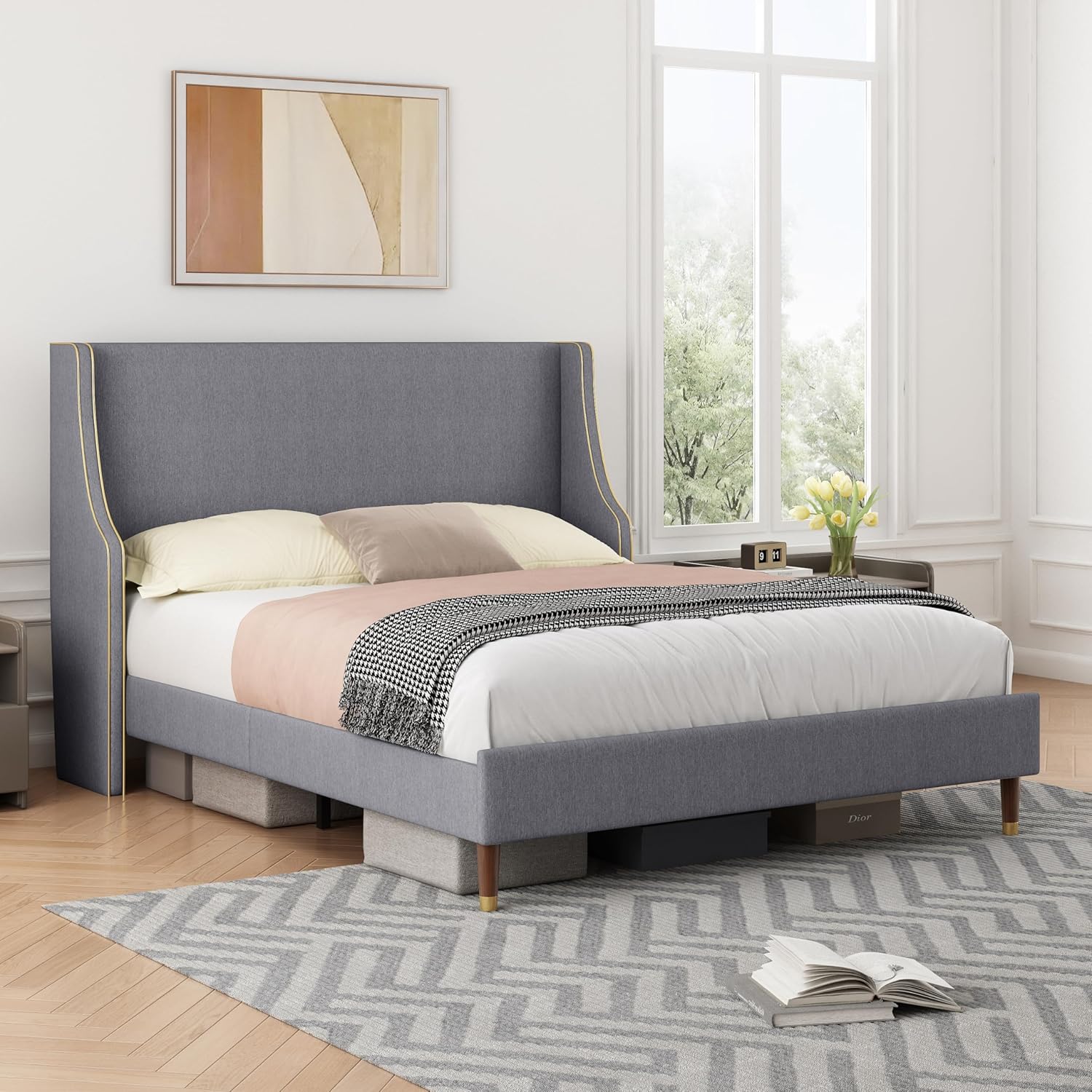 Queen Size Upholstered Platform Bed Frame, 15.16" Gold Edge Wingback Headboard, Linen Fabric & Wooden Slats, No Box Spring Needed, Easy Assembly, Beige