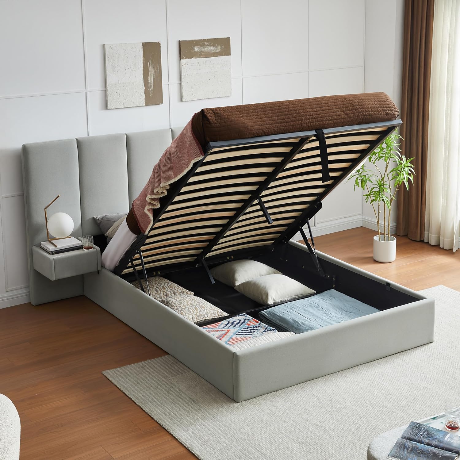 Upholstered Lift Storage Queen Size Bed Frame with Velvet Headboard, 2 Drawers & 9.6" Under-Bed Storage, No Box Spring Needed, Ergonomic Design for Ultimate Comfort, Beige