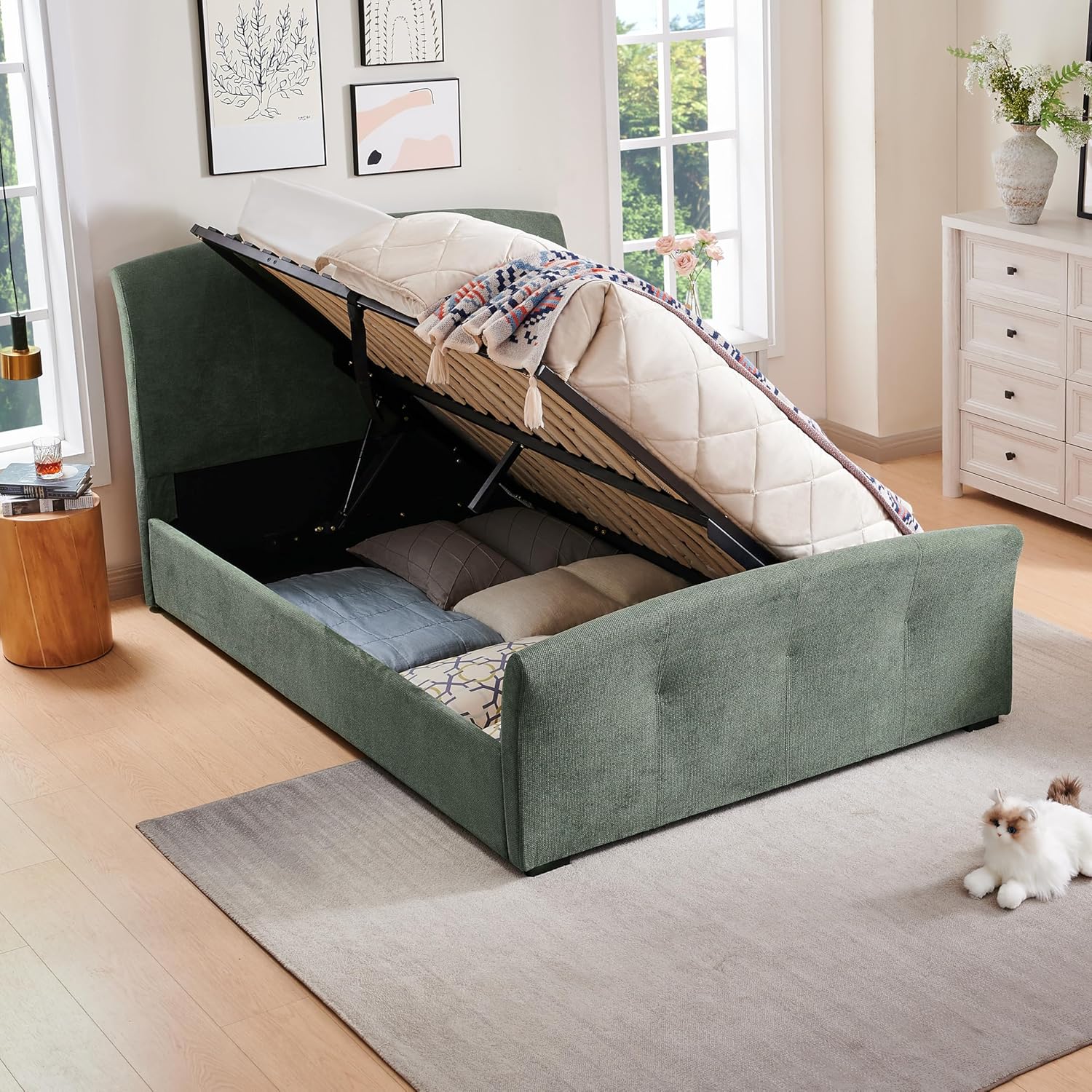 King Size Gas Lift Up Storage Bed, Bed Frame with Curved Upholstered Headboard & Button-Tufted Footboard,Hydraulic Support, Wood Slats, No Box Spring Needed, Easy Assemble, White