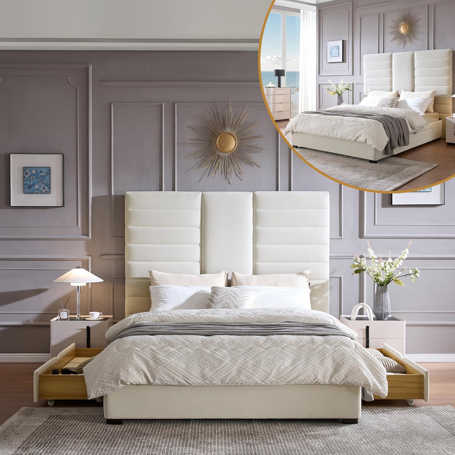 King Size Bed Frame with 2 Storage Drawers, Platform Bed Frame with Velvet Fabric, Wood Bed Frame with Headboard & Storage Underneath, Wooden Slats, No Box Spring Needed, Easy Assembly, Cream