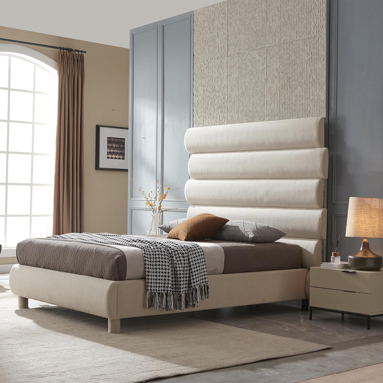 Queen Upholstered Bed Frame with 5 Tall Headboards Wingback Platform Bed Tufted Linen, No Box Spring Needed, Easy Assembly, Beige