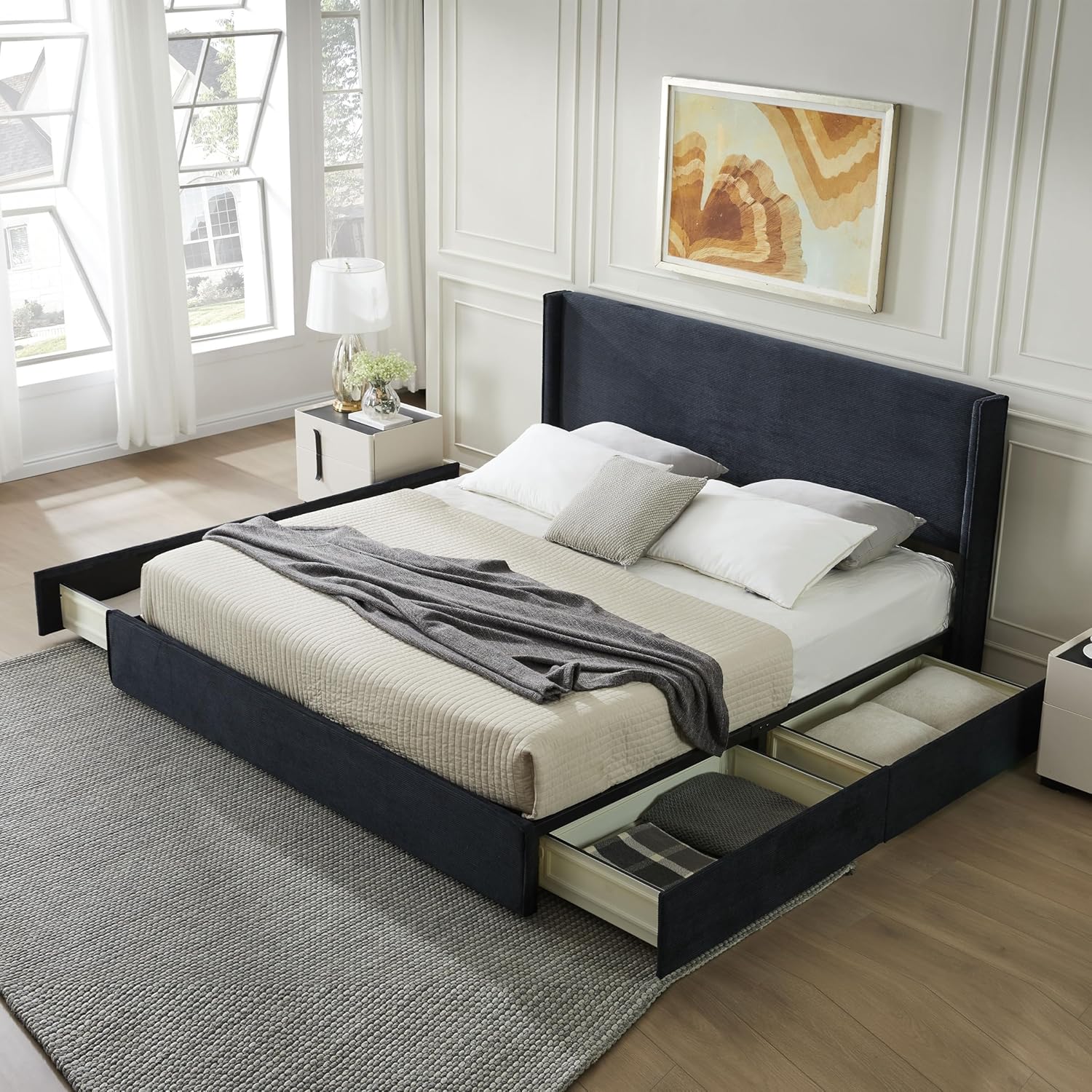 King Size Upholstered Platform Bed Frame with Modern Wingback Headboard, Corduroy Bed Frame with Underneath Storage, Wooden SLats Support, No Box Spring Needed, Easy Assenmbly, Turtle