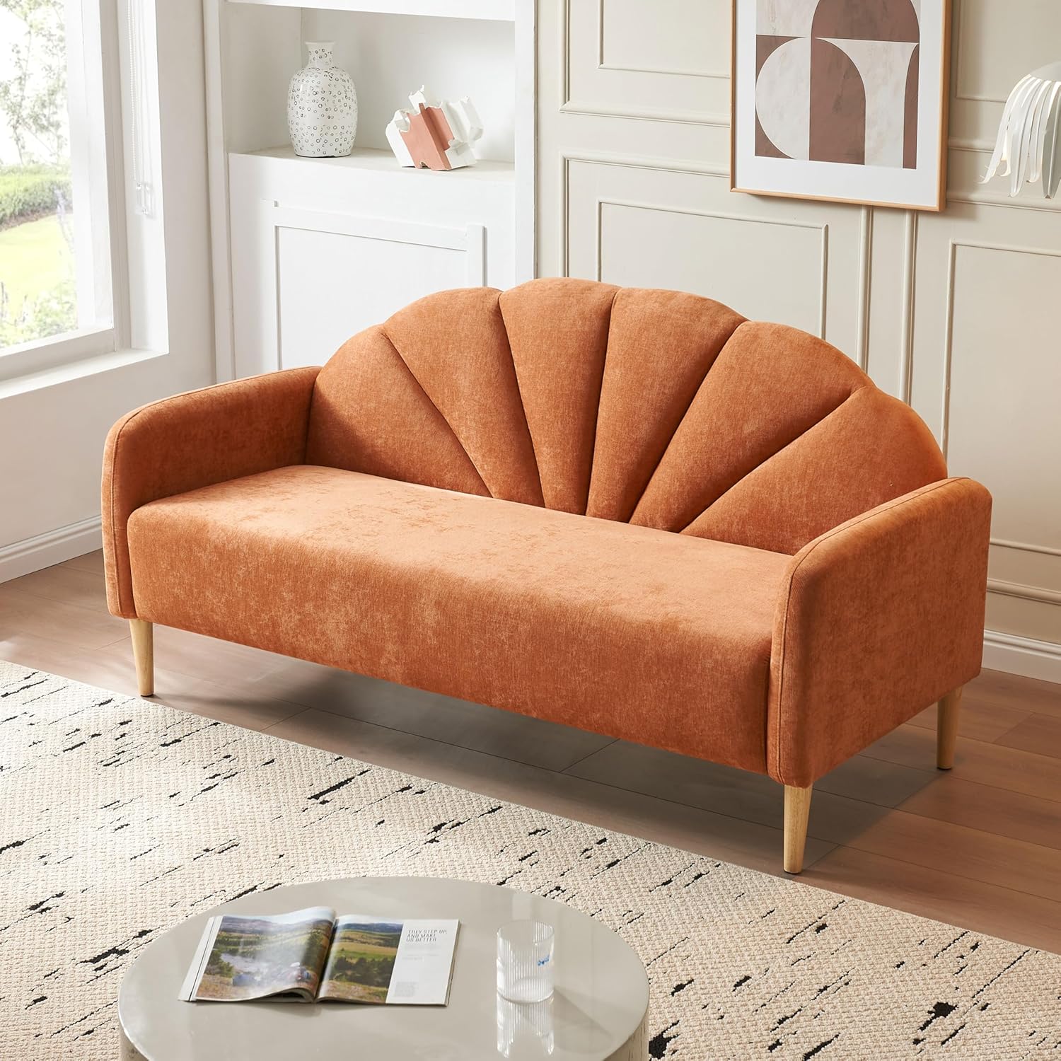 64.37" Modern loveseat Sofa, Linen Fabric Upholstered with Curved Back and Wood Legs, 3-Seater Sofa Couch for Living Room, Small Couch for Small Spaces, Easy Assemlby, Wine Red