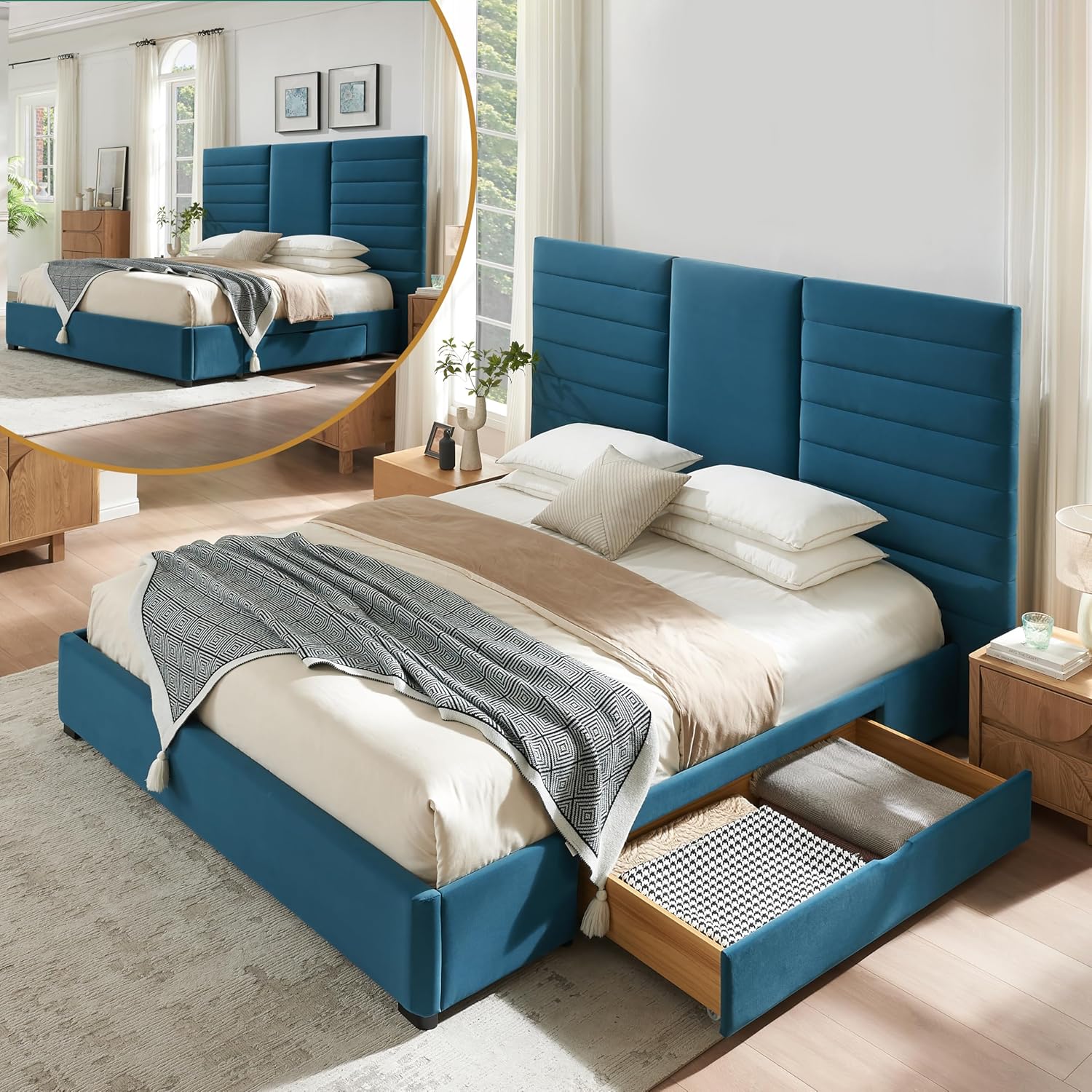 King Size Bed Frame with 2 Storage Drawers, Platform Bed Frame with Velvet Fabric, Wood Bed Frame with Headboard & Storage Underneath, Wooden Slats, No Box Spring Needed, Easy Assembly, Cream