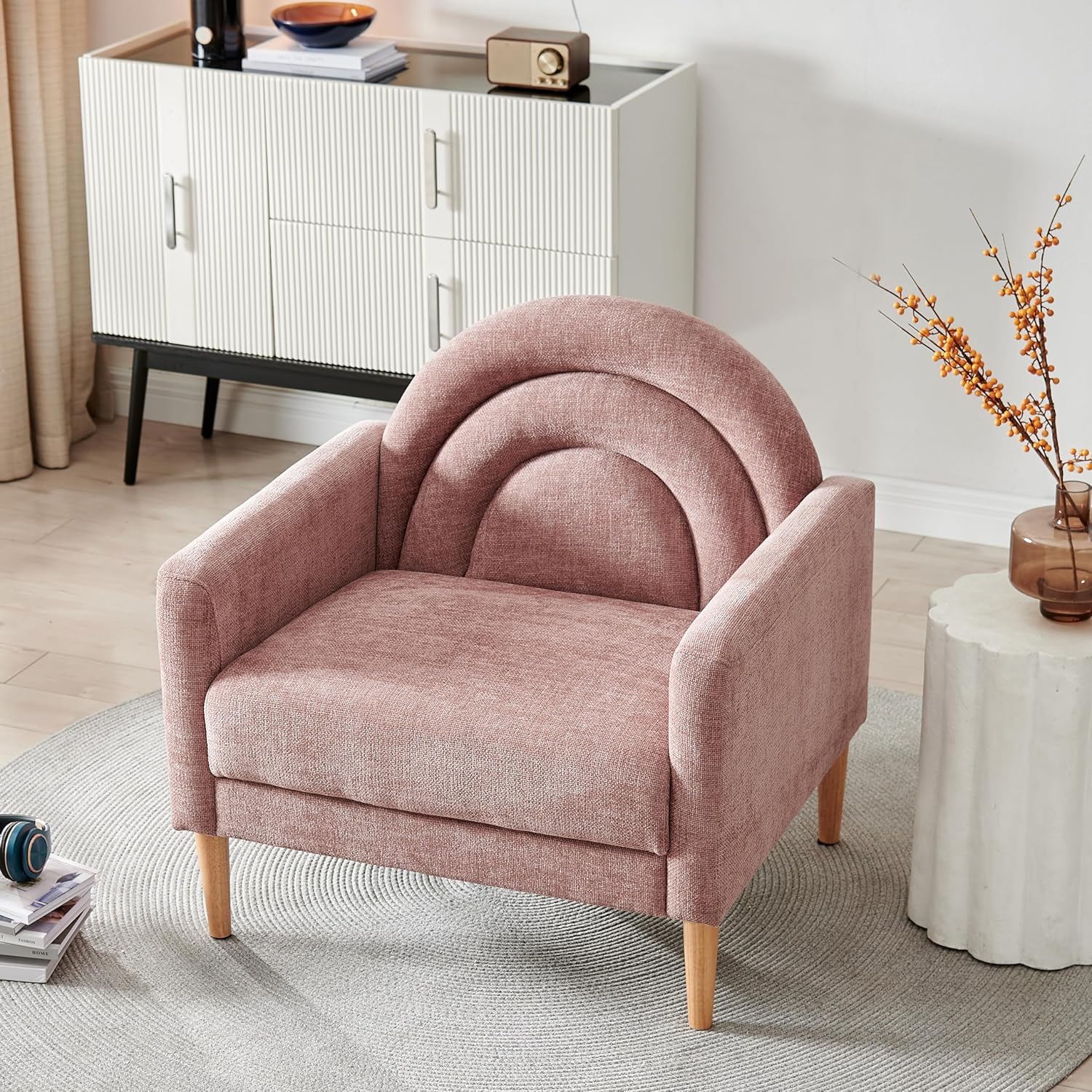 Accent Chair Reading Chair with Armrest, Small Comfy Chair for Small Spaces, Modern Linen Upholstered Armchair for Bedroom & Living Room, Single Sofa Chair with Wood Legs, Easy Assembly (Cream)