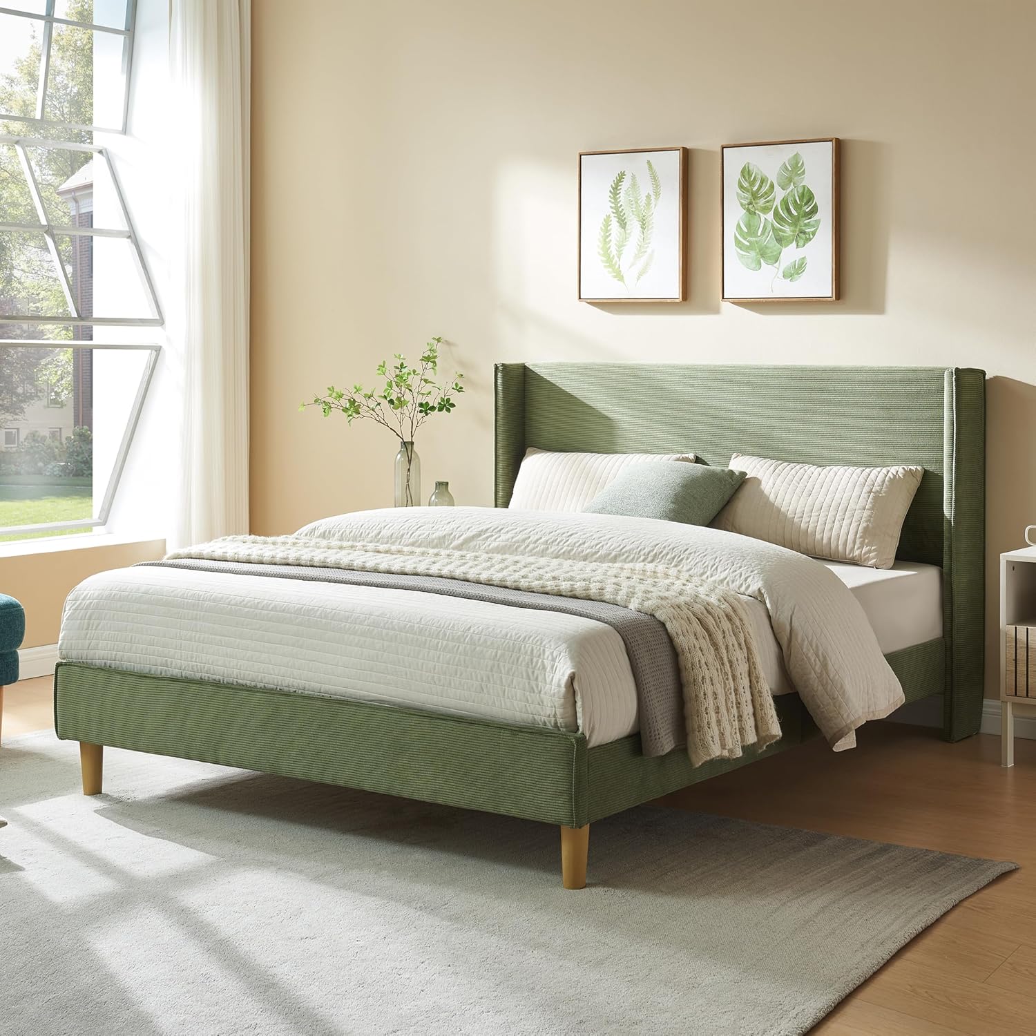 Queen Bed Frame with 42.5" High Wingback Headboard, Tall Upholstered Bed, Wooden Slats Support, Corduroy Upholstered, Noise Free, No Box Spring Needed, Easy Assembly, Turtle