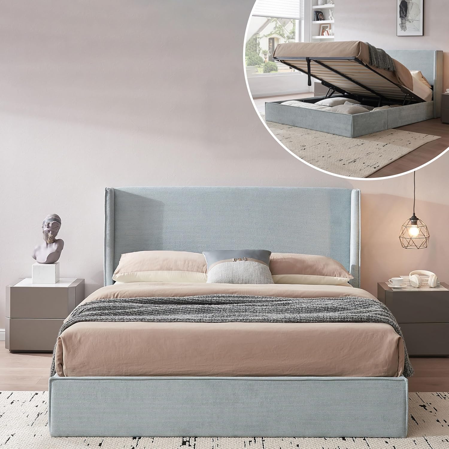 King Size Upholstered Platform Bed Frame with Modern Wingback Headboard, Corduroy Bed Frame with Underneath Storage, Wooden SLats Support, No Box Spring Needed, Easy Assenmbly, Turtle