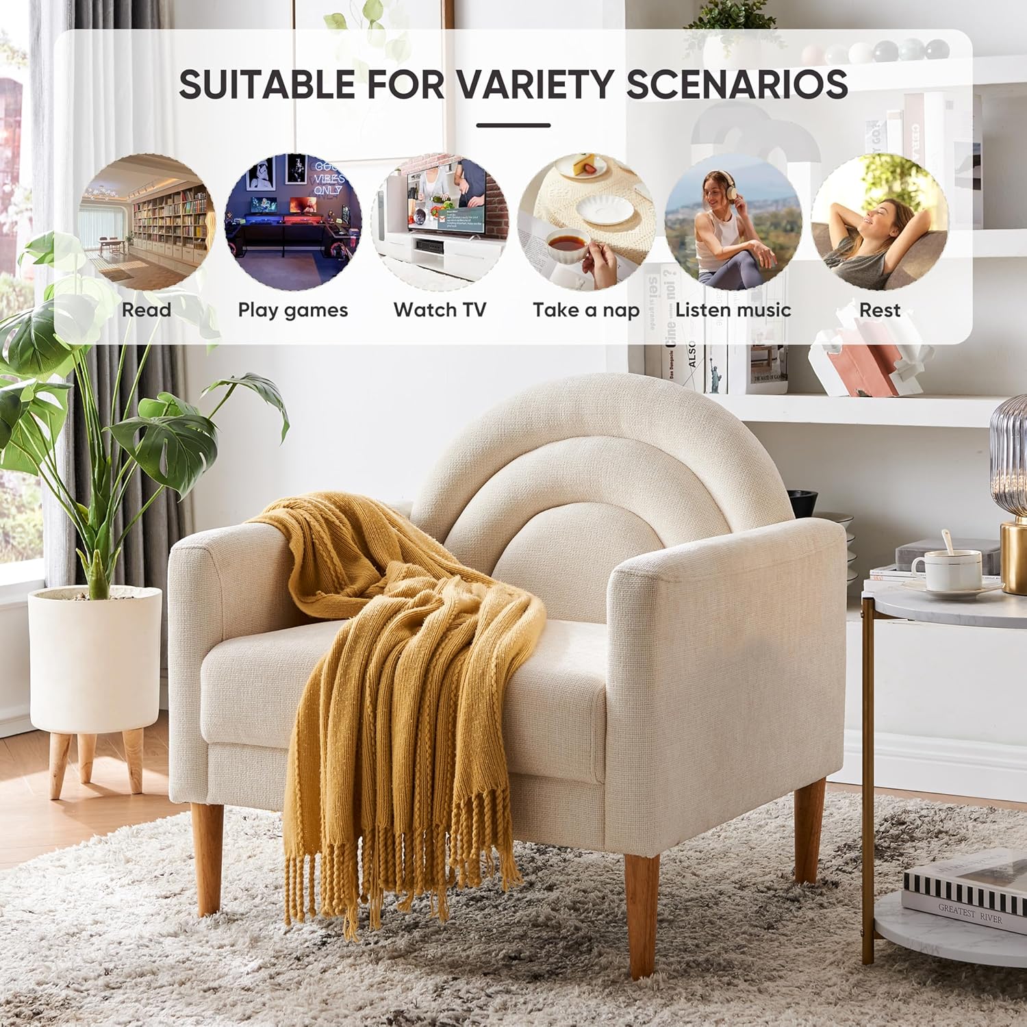 Accent Chair Reading Chair with Armrest, Small Comfy Chair for Small Spaces, Modern Linen Upholstered Armchair for Bedroom & Living Room, Single Sofa Chair with Wood Legs, Easy Assembly (Cream)