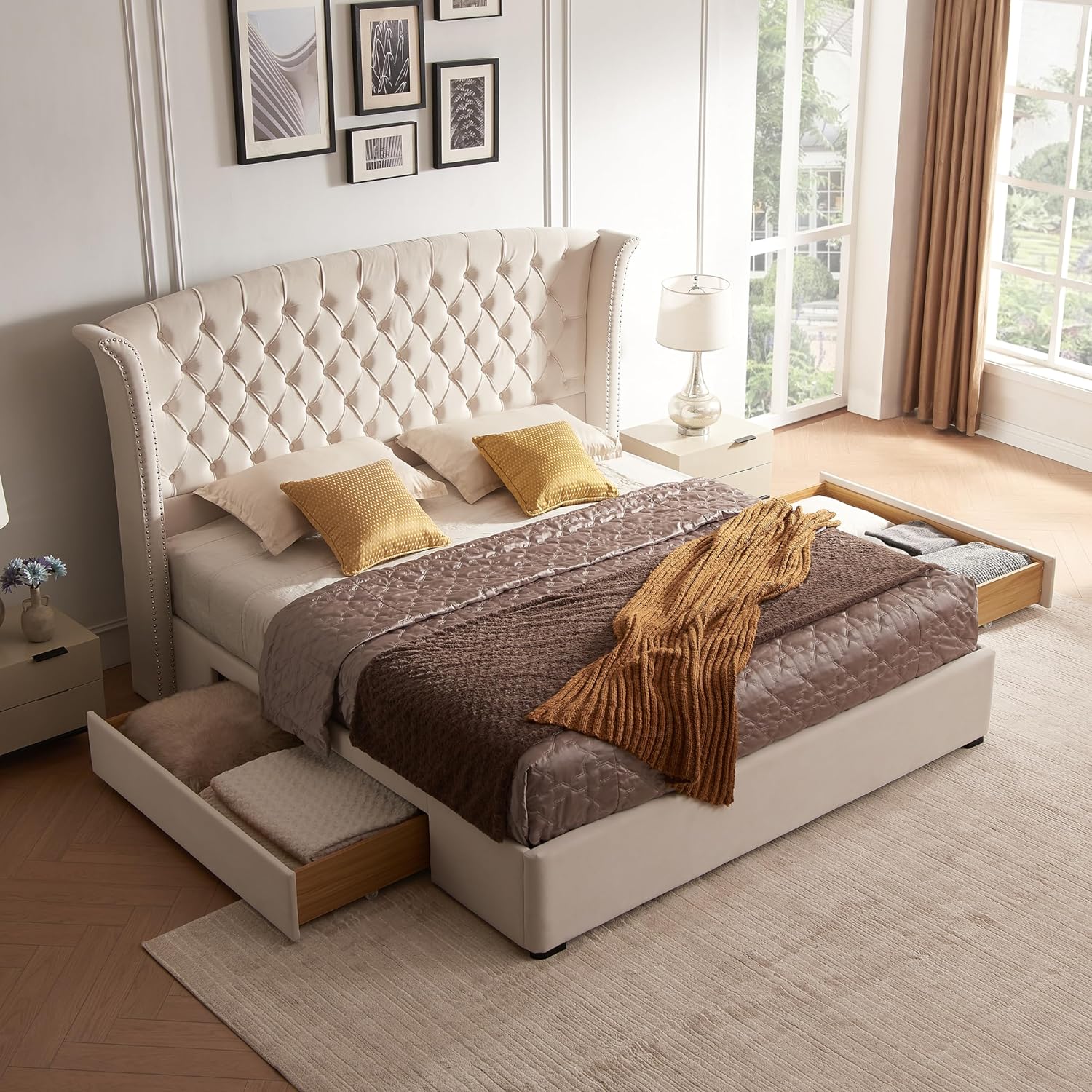 Upholstered Queen Size Bed Frame with 2 Storage Drawers, Button Tufted Wingback Headboard, Heavy Duty Mattress Foundation with Wooden Slats, No Box Spring Needed, Easy Assemable, Beige