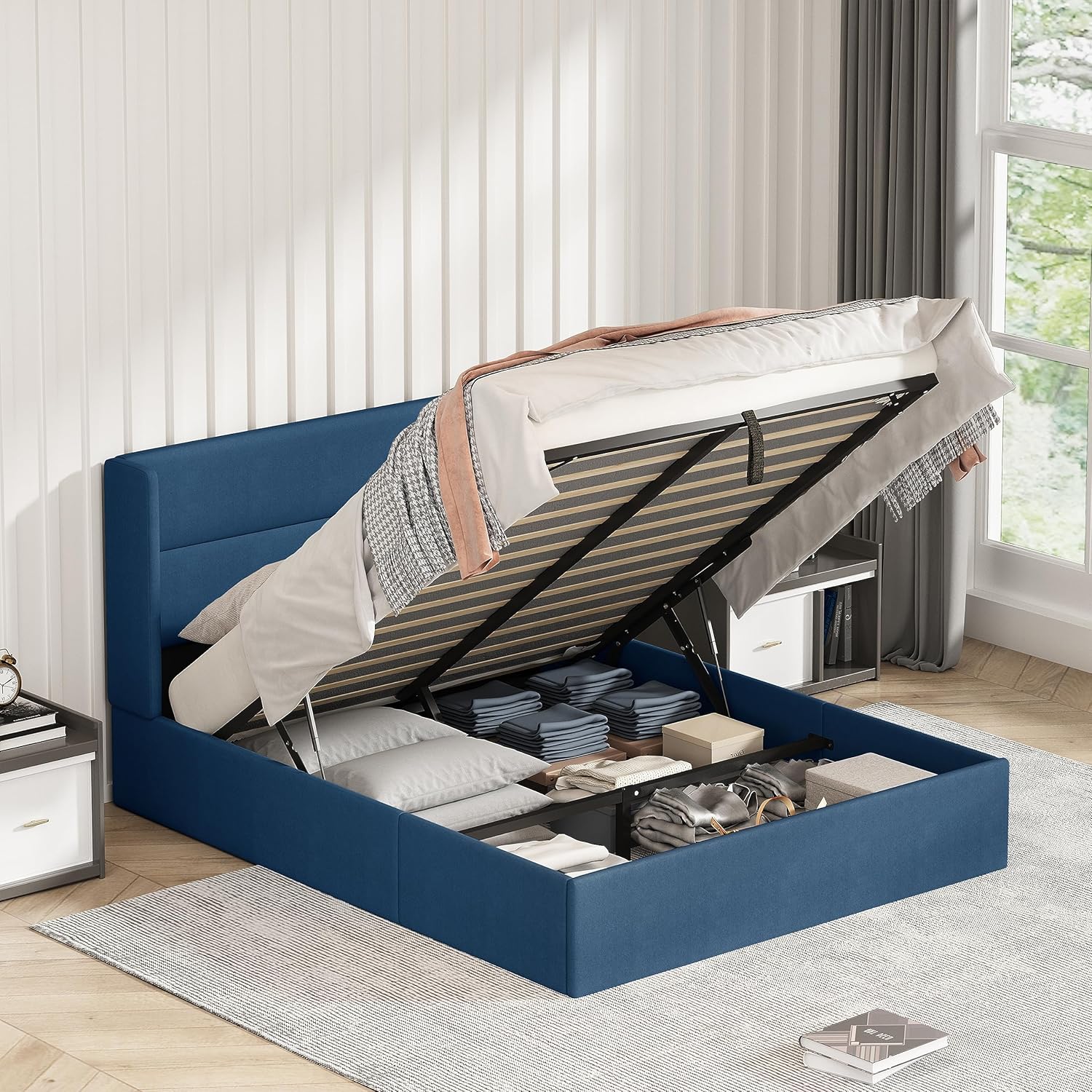 King Size Bed Frame with Storage, Upholstered Platform with Hydraulic, Flannel Fabric Wingback Headboard, Noiseless Wooden Slat Support, No Box Spring Needed, Misty Blue