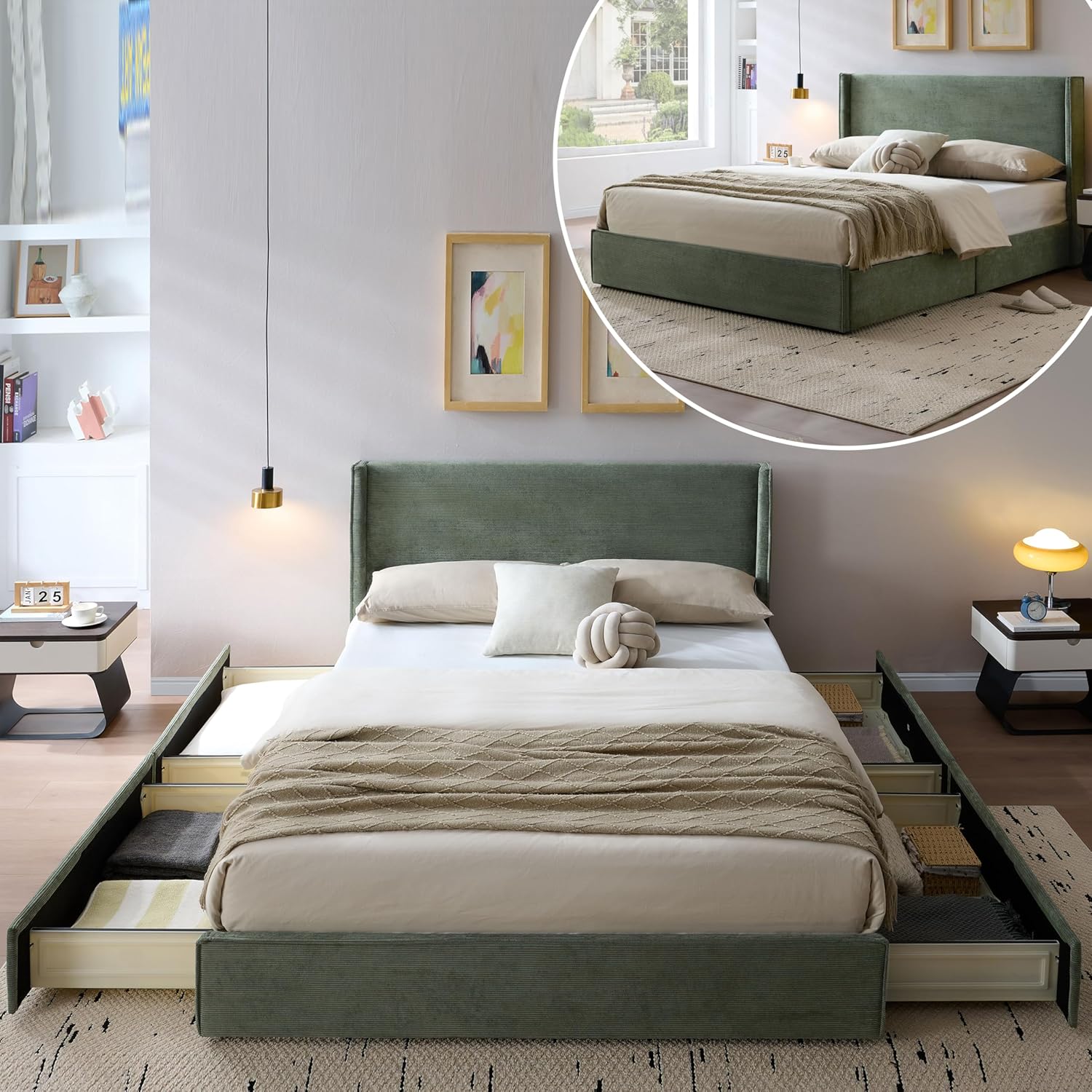 King Size Upholstered Platform Bed Frame with Modern Wingback Headboard, Corduroy Bed Frame with Underneath Storage, Wooden SLats Support, No Box Spring Needed, Easy Assenmbly, Turtle