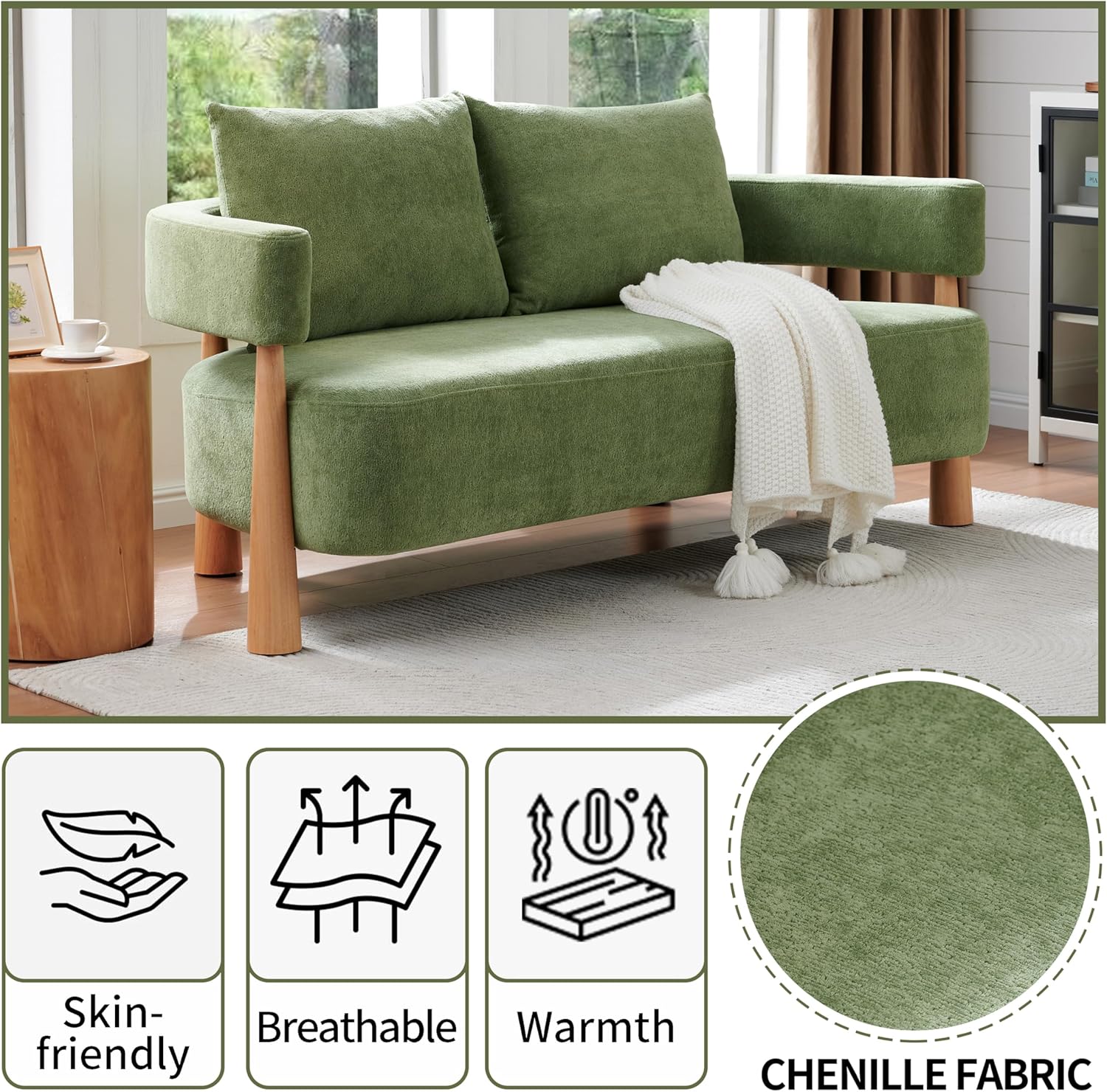 67" Premium Loveseat Sofa – Ergonomic Design with Curved Armrests, Chenille Fabric, High-Resilience Cushions, Solid Wood Legs, Floor Protection, Easy Assembly, 2 Matching Pillows, Green