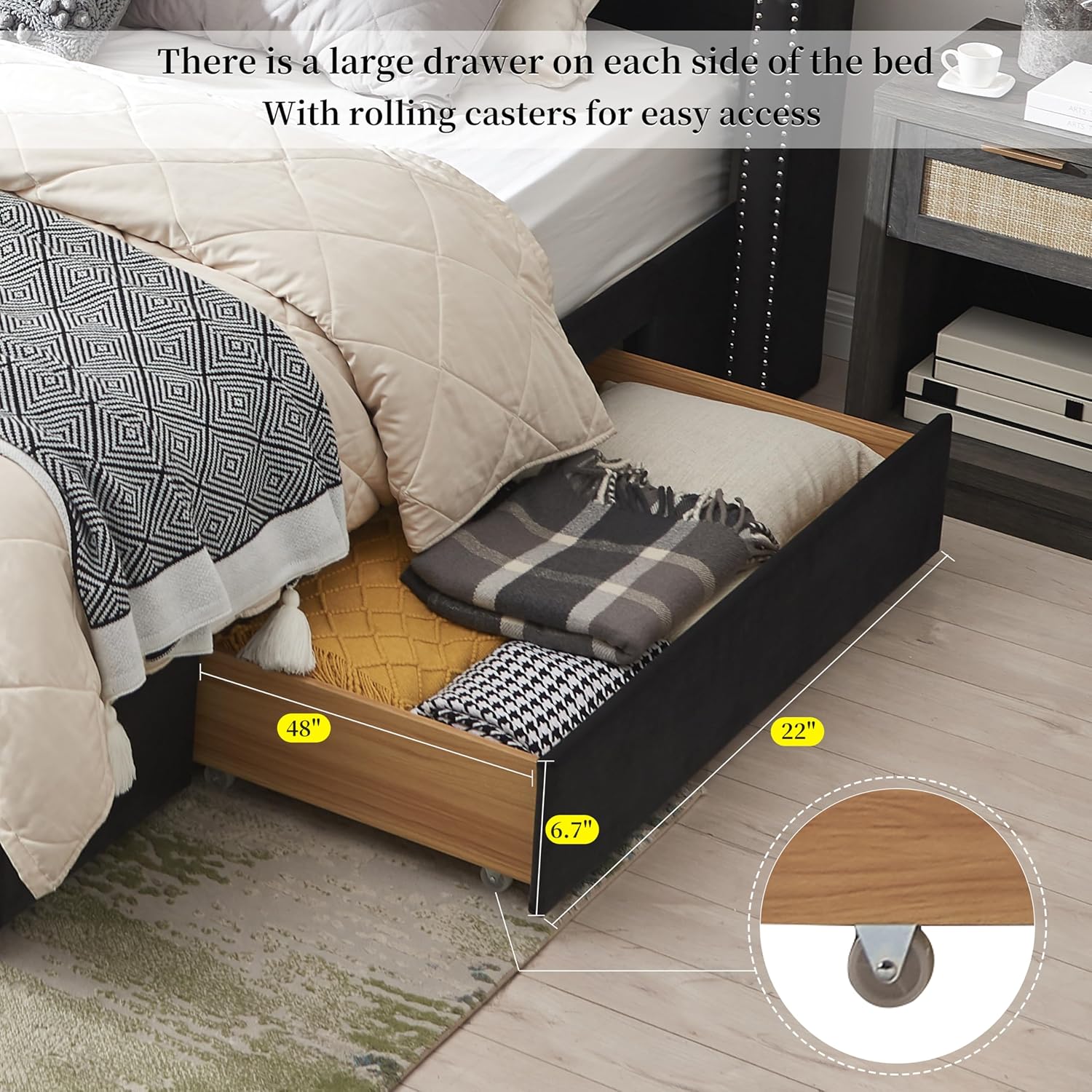 Upholstered Queen Size Bed Frame with 2 Storage Drawers, Button Tufted Wingback Headboard, Heavy Duty Mattress Foundation with Wooden Slats, No Box Spring Needed, Easy Assemable, Ink Blue