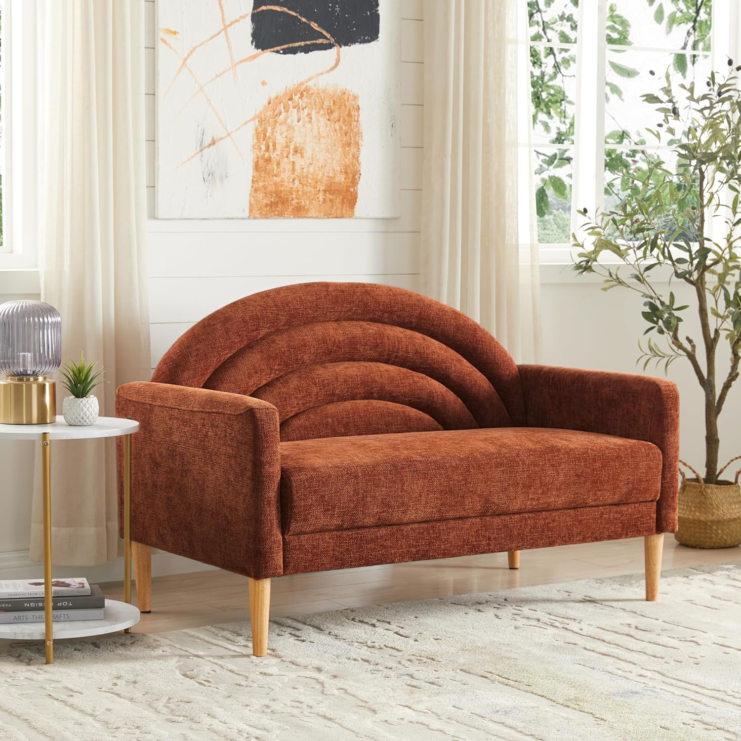 50" Loveseat Sofa, Comfy Couch with Spring Cushions, Small Sofa for Small Spaces, Mid Century Modern Linen Upholstered 2 Seater for Living Rooms/Bedrooms/Office, Wood Frame, Easy Assmbly, Pink