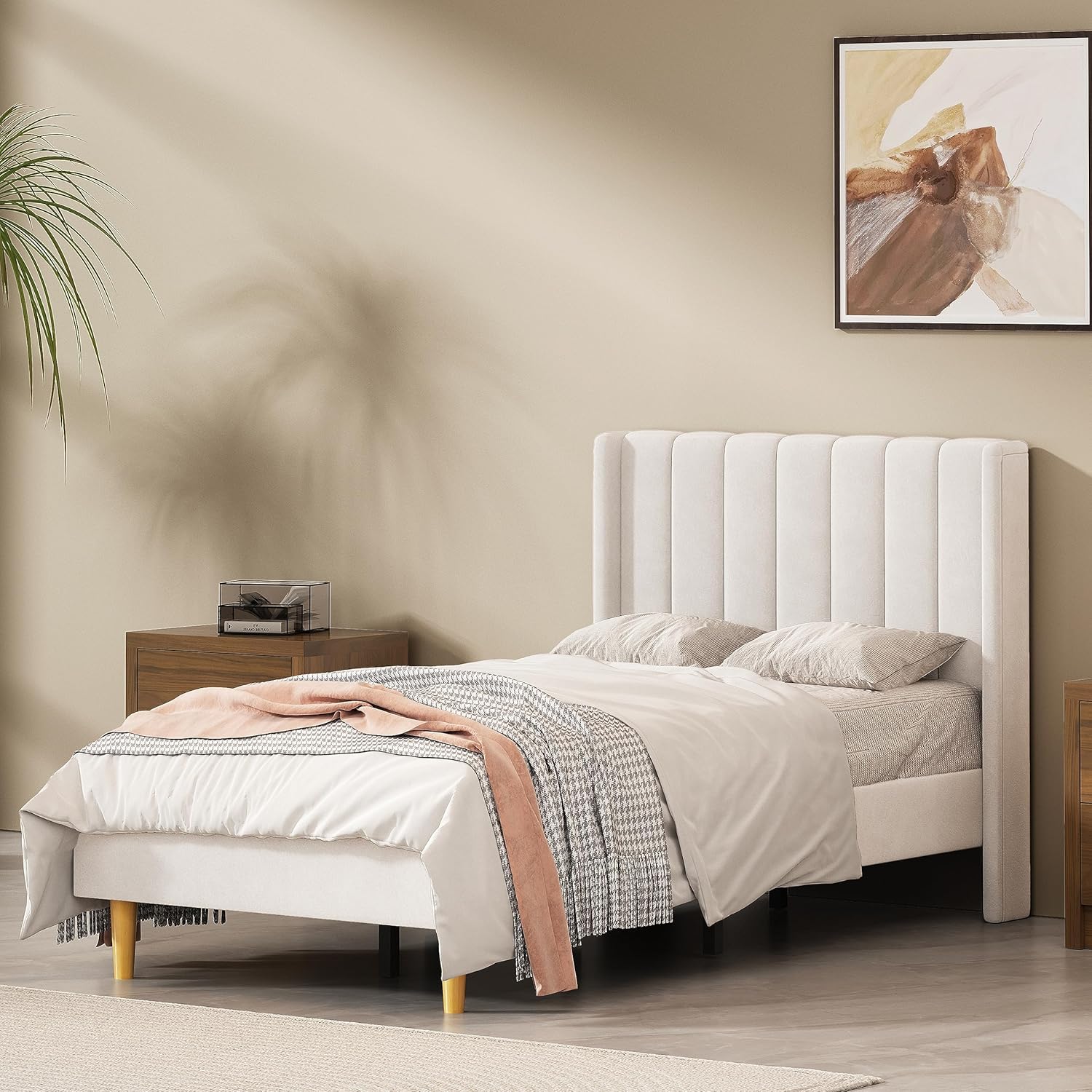 Queen Size Upholstered Platform Bed Frame with Headboard and Legsboard, Wooden Slats, Velvet Fabric, 5.9" Wood Bed Legs, No Box Spring Needed, Easy Assembly, Cream