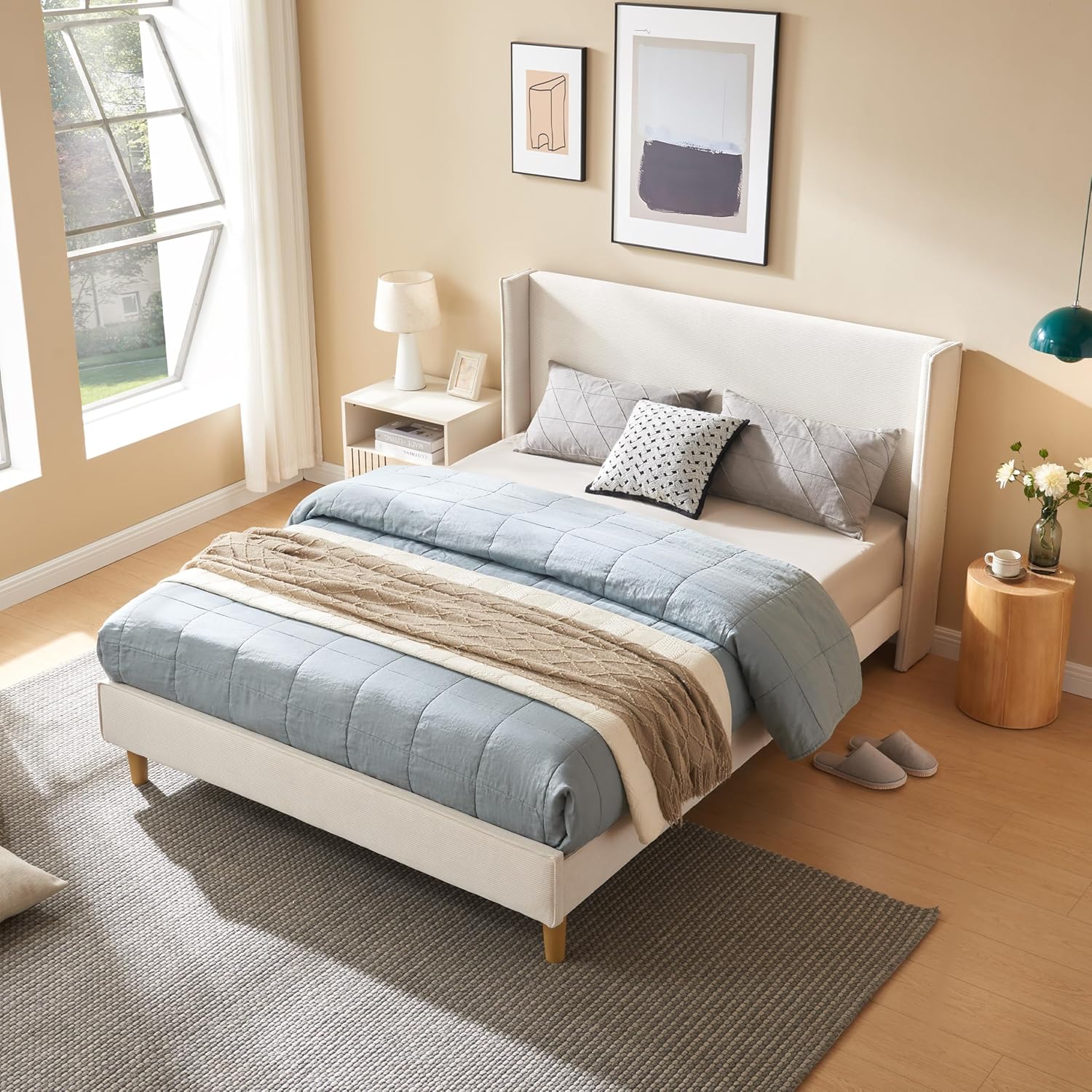 Queen Bed Frame with 42.5" High Wingback Headboard, Tall Upholstered Bed, Wooden Slats Support, Corduroy Upholstered, Noise Free, No Box Spring Needed, Easy Assembly, Turtle