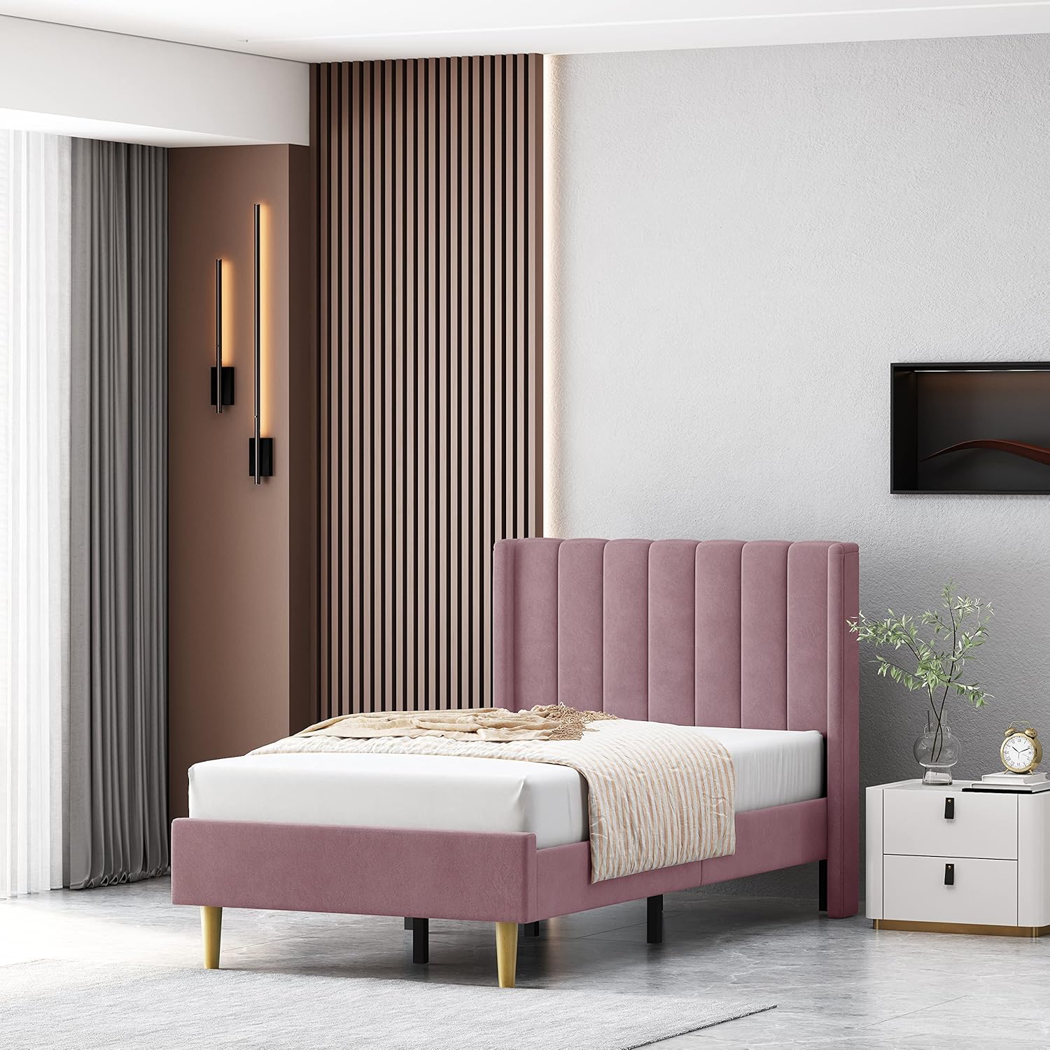 Queen Size Upholstered Platform Bed Frame with Headboard and Legsboard, Wooden Slats, Velvet Fabric, 5.9" Wood Bed Legs, No Box Spring Needed, Easy Assembly, Cream