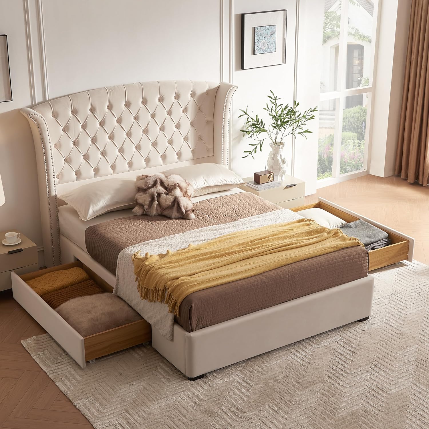 Upholstered Queen Size Bed Frame with 2 Storage Drawers, Button Tufted Wingback Headboard, Heavy Duty Mattress Foundation with Wooden Slats, No Box Spring Needed, Easy Assemable, Beige