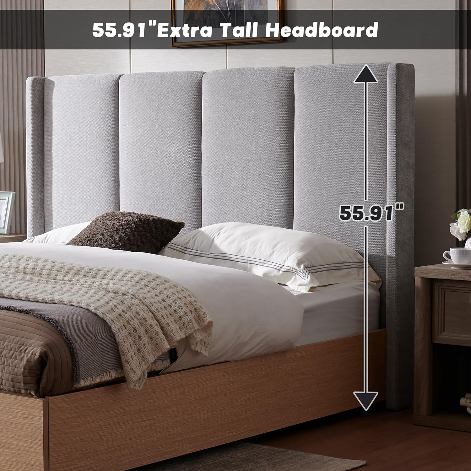 Queen Size Upholstered Bed Frame, Extra High Wingback Headboard and 2 Footboard Storage Drawers, Linen Fabric, Light Oak Wood-Finish Base, No Box Spring Needed, Easy Assembly, Light Gray