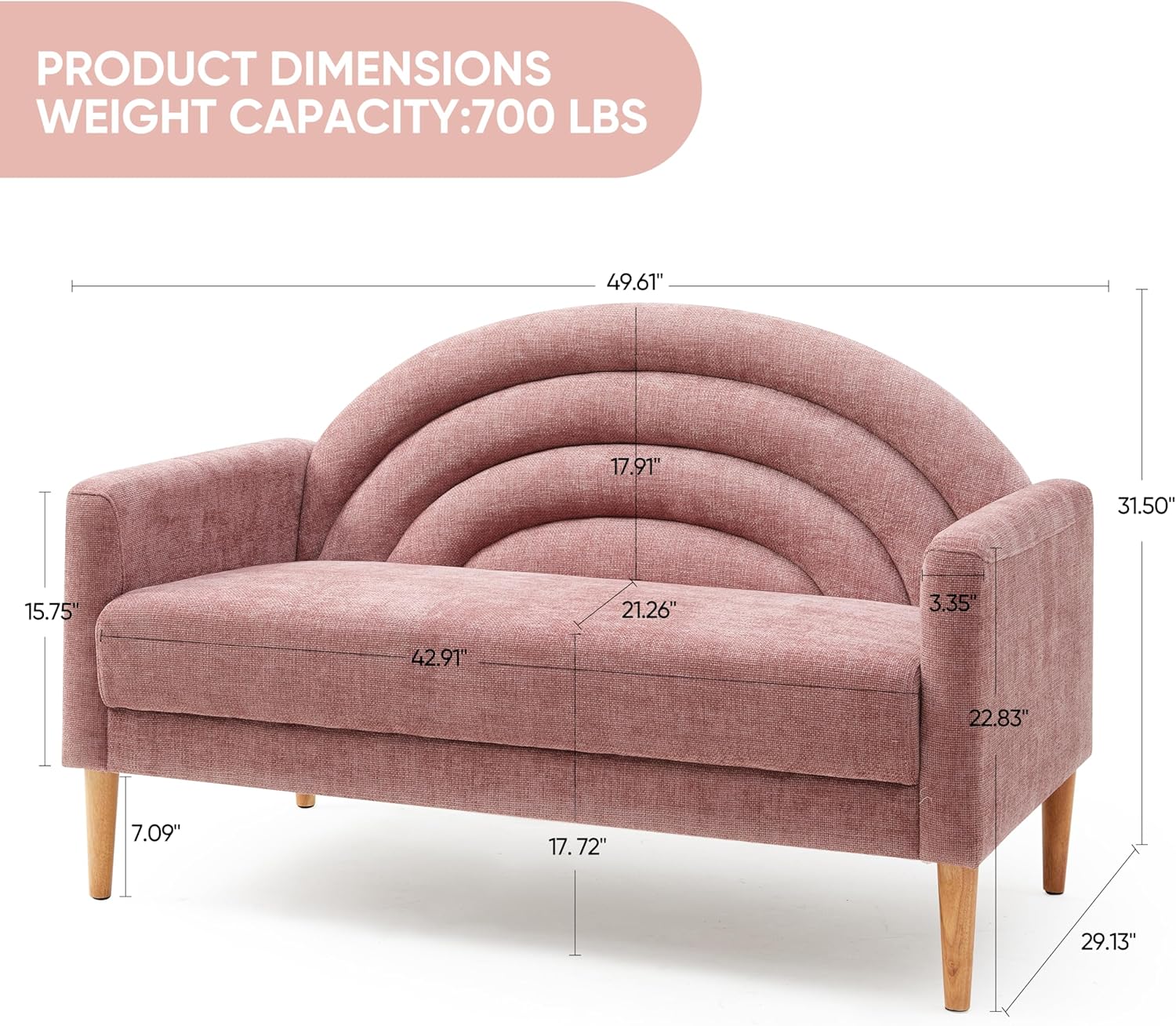 50" Loveseat Sofa, Comfy Couch with Spring Cushions, Small Sofa for Small Spaces, Mid Century Modern Linen Upholstered 2 Seater for Living Rooms/Bedrooms/Office, Wood Frame, Easy Assmbly, Pink