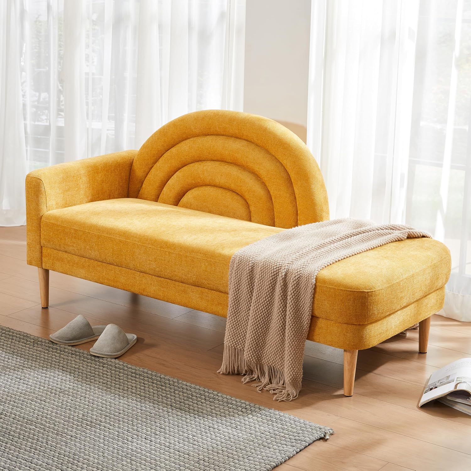 31.5" Chaise Lounge Chair Indoor with Arc Backrest & Right Armrest, Upholstered Linen Fabric, Lounge Sofa for Living Room, Bedroom and Office, Easy Assembly, Yellow