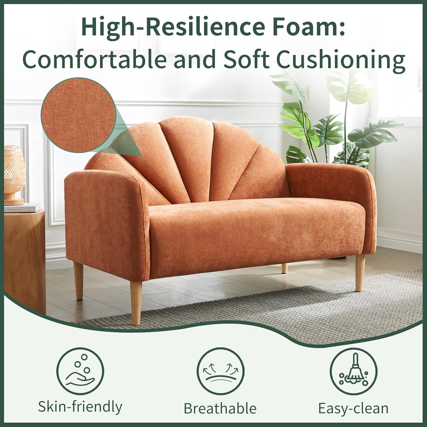 49.61" Loveseat Sofa, Mid Century Modern 2-Seater Sofa Couch for Living Room, Cozy Linen Fabric Upholstered Furniture with Wooden Legs, Small Couch for Small Spaces, Easy Assemlby, Orange